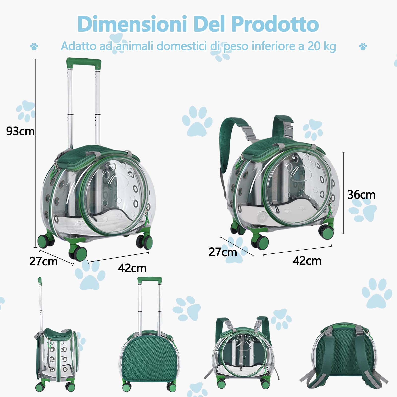 Galatée Borsa Da Viaggio Per Gatti, Schienale Rimovibile e Traspirante, Ampia Apertura, Interno Spazioso, Borsa Trolley Trasparente Per Cani e Gatti (Verde)