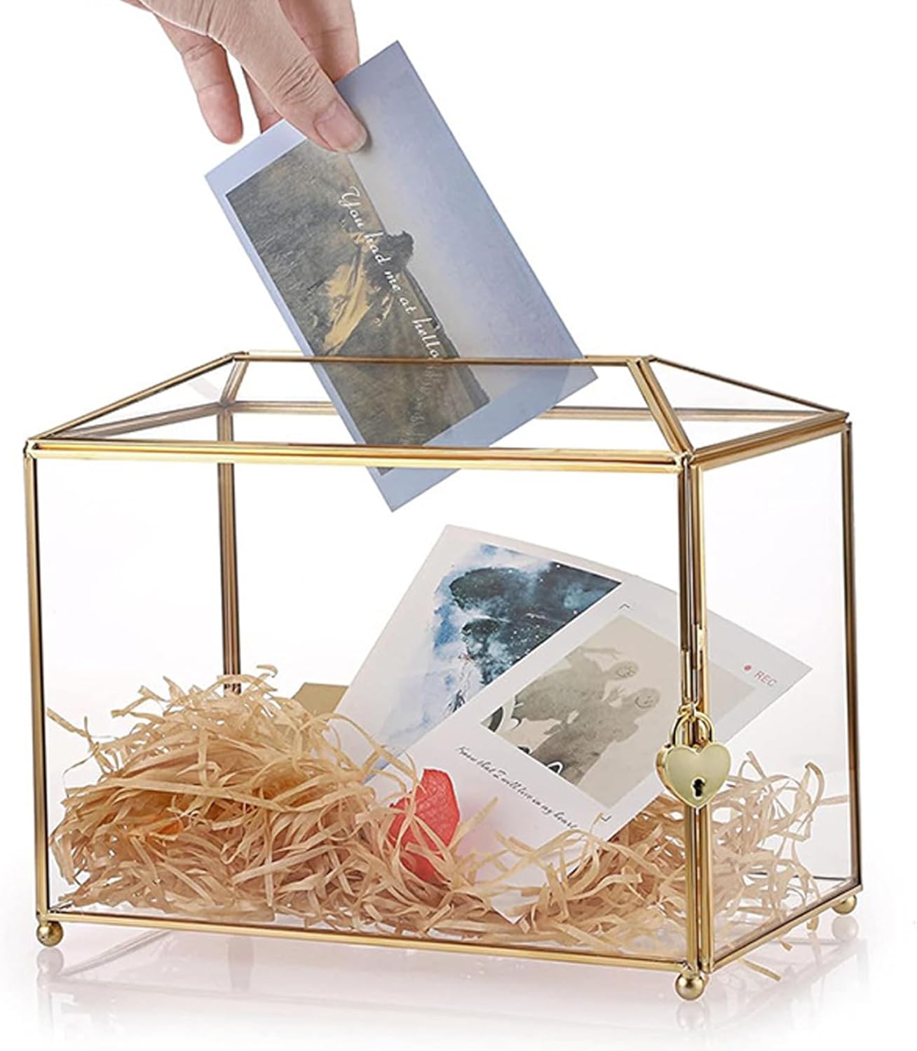 Gold Card Box with Lock and Slot, 10x6x8 Inch Clear Glass Card Box with Non Slip Feet for Wedding Receptions, Bridal Shower, Birthday Party, Gold, with Lock