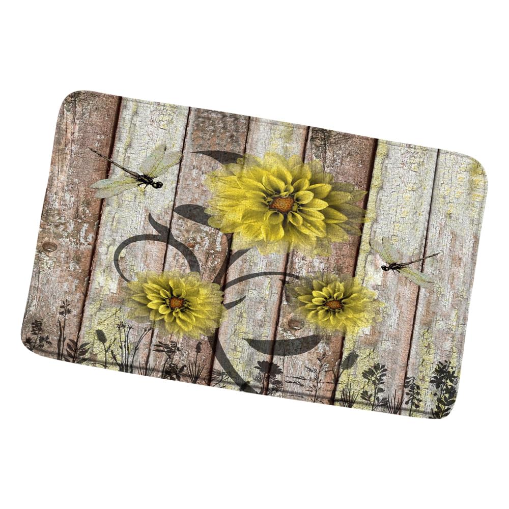 Yellow Flower Bath Mat Dahlia Floral Dragonfly Rustic Vintage Wooden Board Bathroom Rugs Farmhouse Barn Planks Non-Slip Carpet Bedroom Kitchen Floor