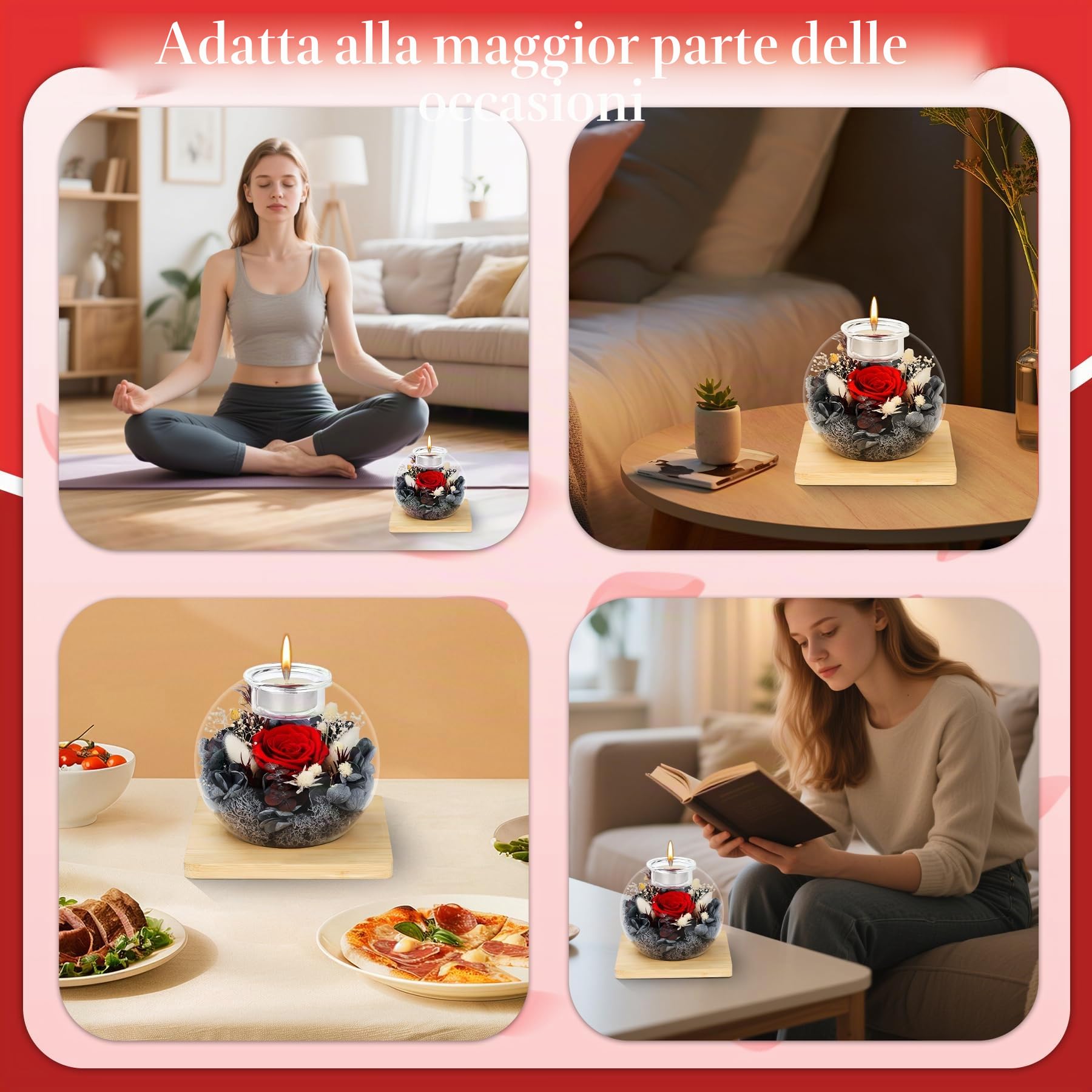 Rosa Eterna in Vetro, Set di Rose Stabilizzate e Candele Profumate, Regalo di Compleanno per la Festa della Mamma San Valentino Anniversario Natale per Mamma Fidanzata Moglie Donna (Rosso)