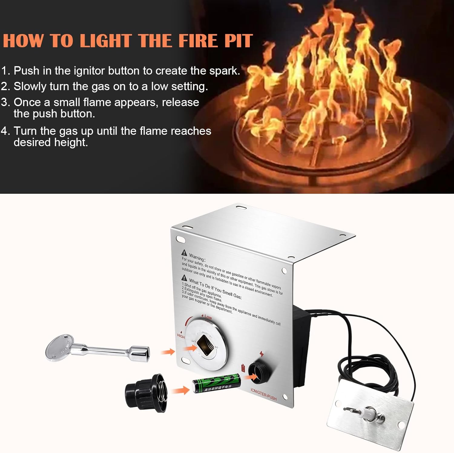 Hiorucet 12 Inch Fire Pit Burner Ring Kits, DIY Propane Gas Firepit Insert Round Burner with Igniter Kits and Propane Hose Kits for Indoor or Outdoor, Stainless Steel LP Fire Pit Replacement Parts.