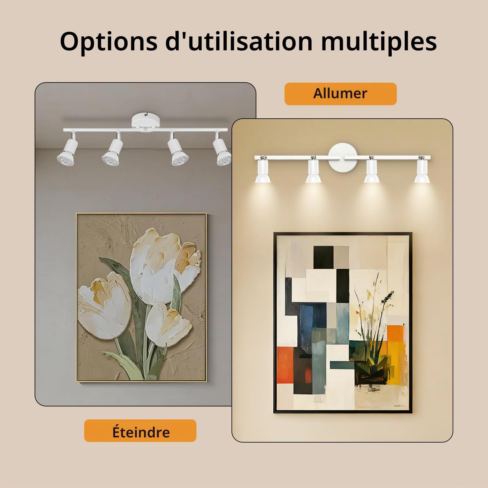 Ketom Plafonnier LED 4 Spots Blanc, Éclairage de Plafond GU10 Moderne, Barre de Spots, Lumiere Plafond Orientable Intérieur pour Cuisine, Chambre, Salon, Couloir, Sans Ampoules