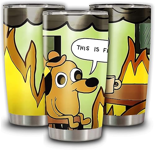 Vaso aislado This Is Fine Meme Dog de acero inoxidable para café, 20 onzas, taza de viaje, color blanco, 30 onzas