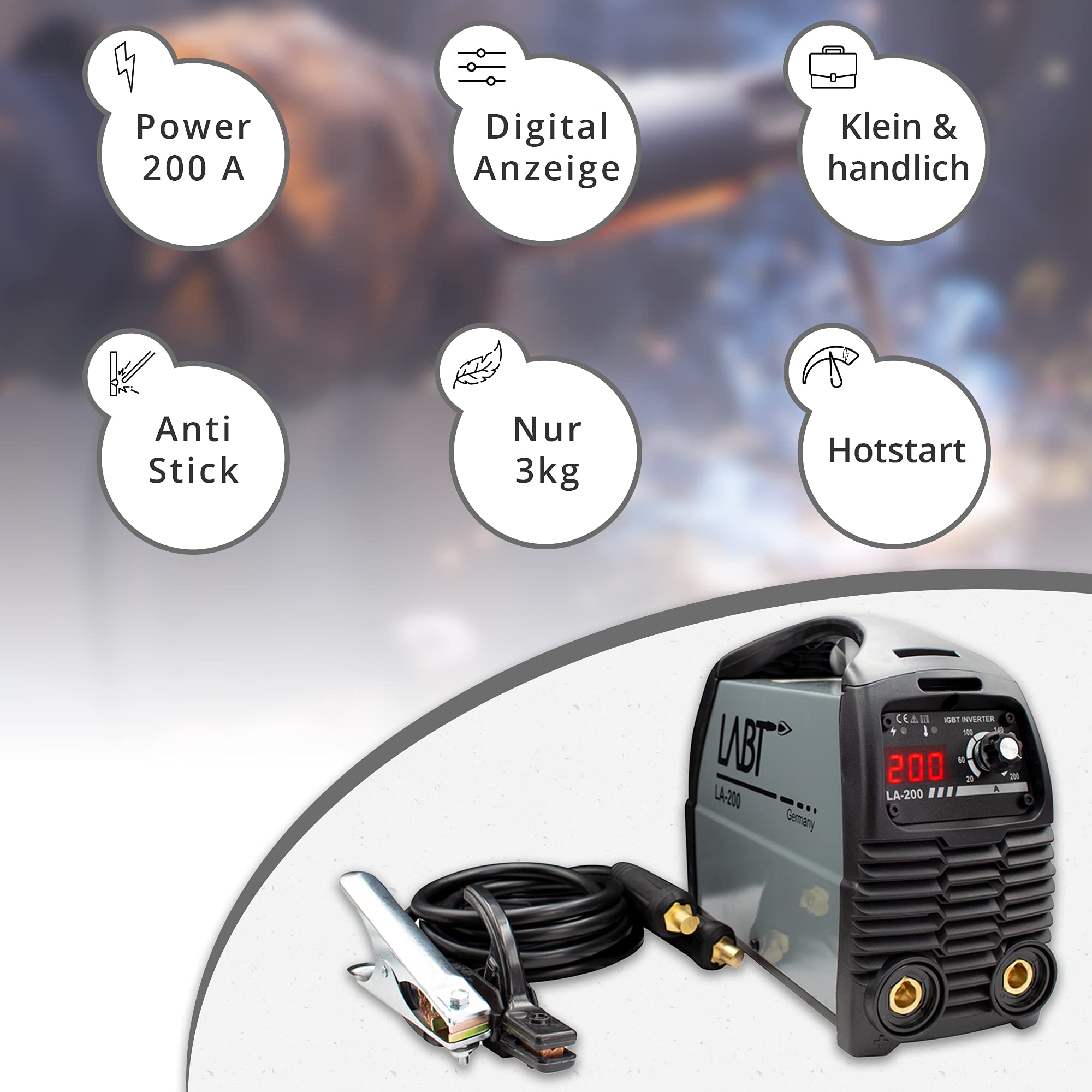 Schweißgerät LABT Power E-Hand Elektroden Schweissgerät IGBT 230V Inverter MMA Starter-Set mit Maske, Bürste, Schweißdioden Hot-Start Anti-Stick ARC-Force (mit Koffer)