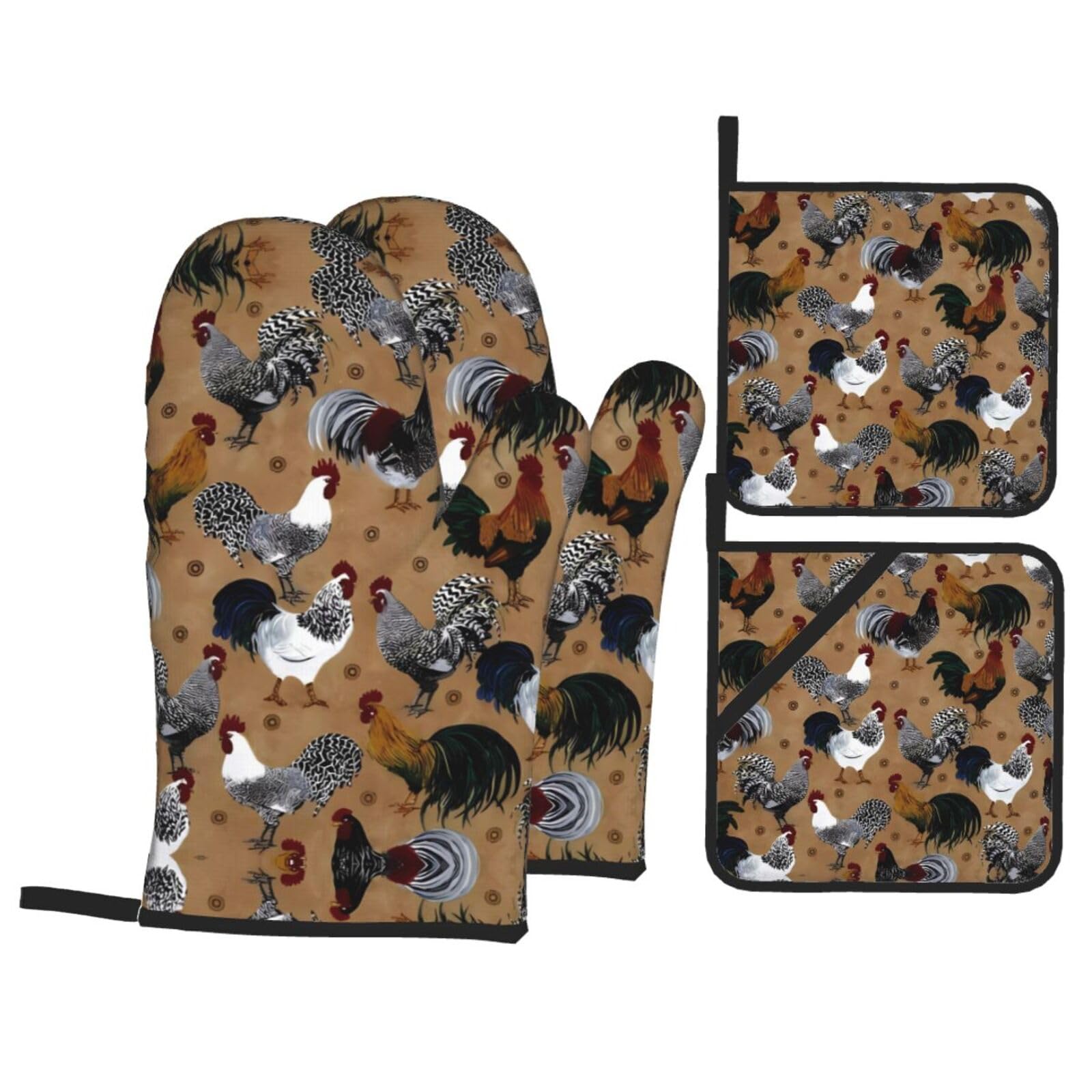 YYHHAOFA Rooster and Chicken Print Prints Kitchen Baking Set with Heat Resistant Pot Holders & Oven Mitts - Waterproof Layer for Hot Dishes, Grill & Microwave