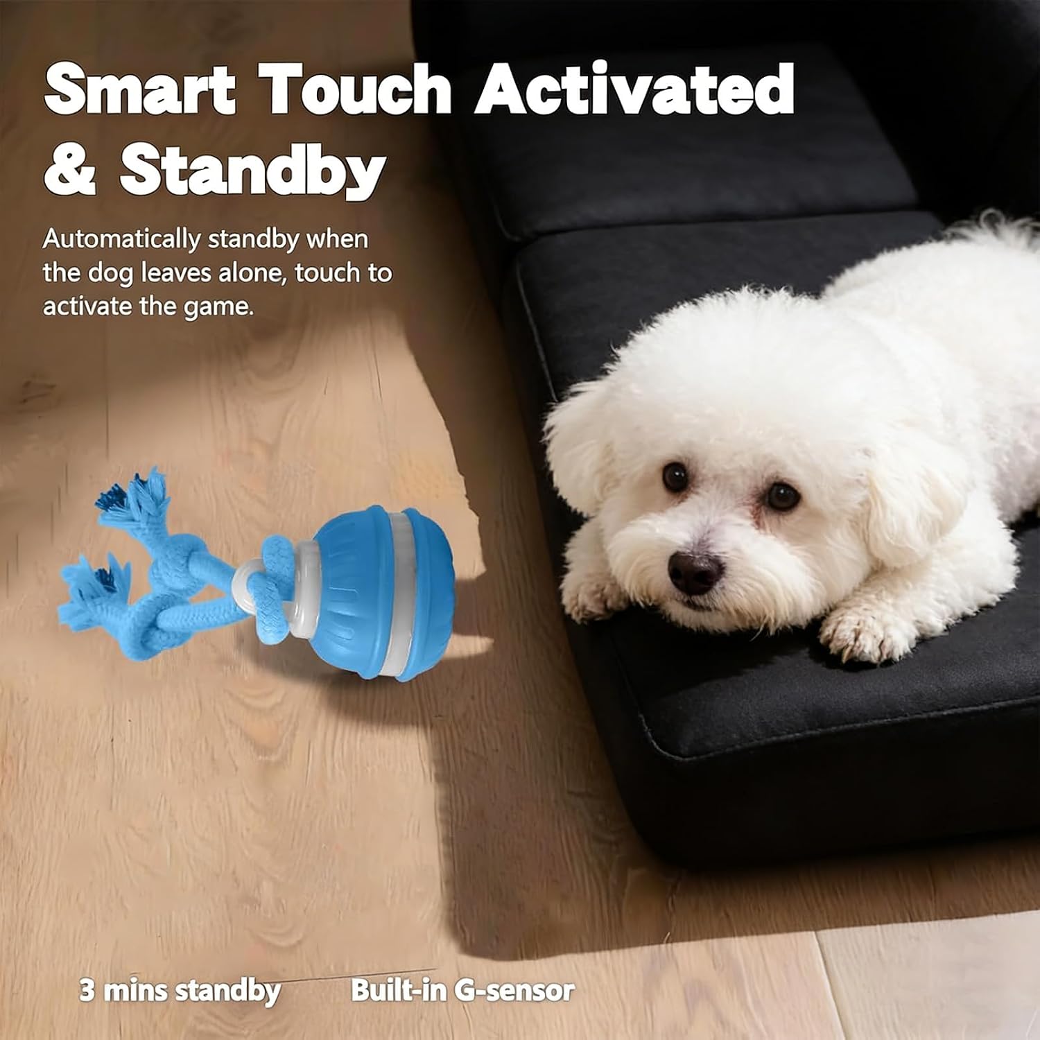 Interactive Dog Toys, Automatic Rolling Ball, Squeak Dog Toys for Boredom Interactive, Touch Activated, Dog Ball Chew Toy with Fun Rope for Small/Medium Dog Cat Indoor/Outdoor (Blue) image 5