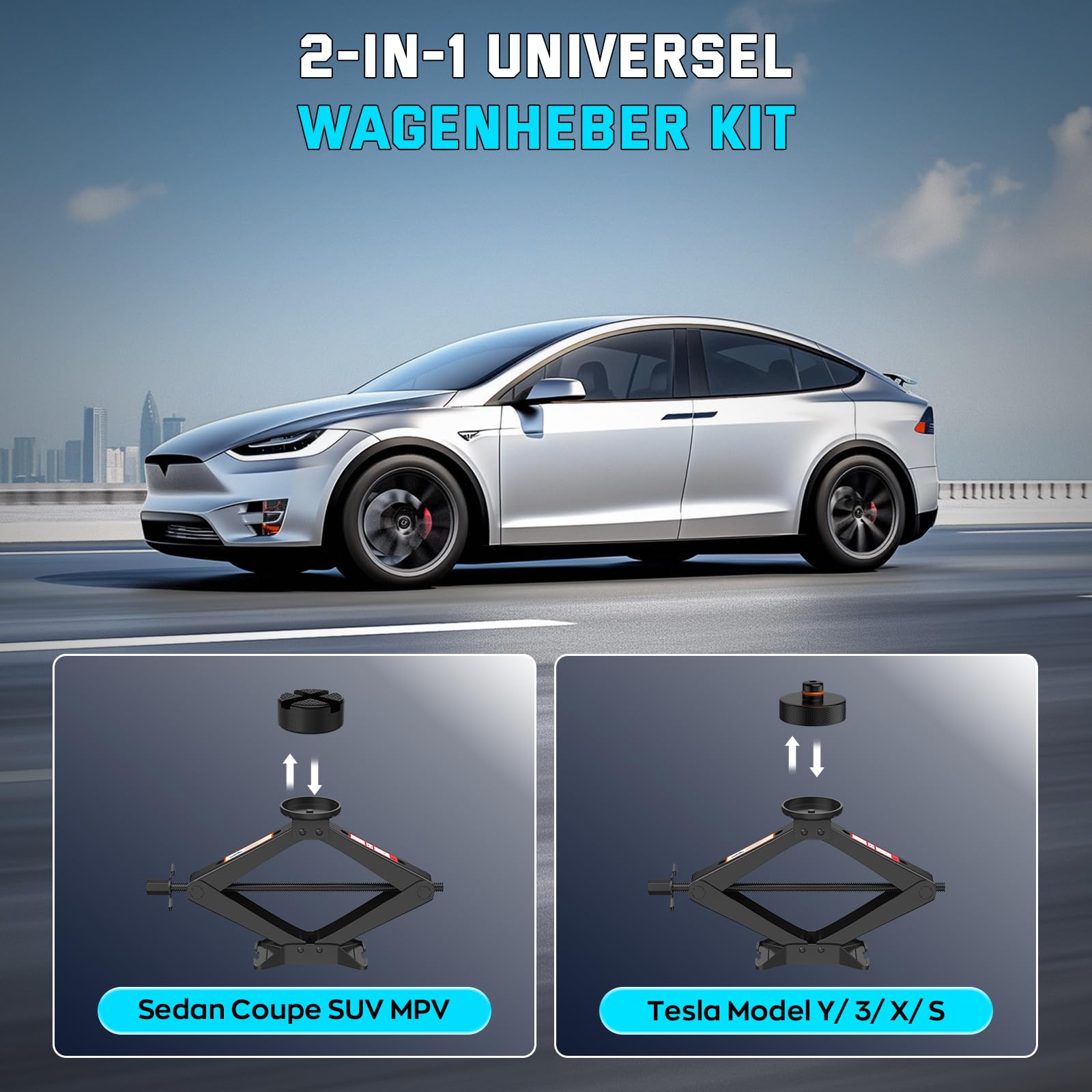 IMAYCC Nuevo Gato para Coche3T/3000kg, Kit de Gato Coche Universal con 2 Piezas Bloque de Goma, Portátil Kit de Emergencia con Llave de Tuercas de Rueda para SUV MPV Tesla