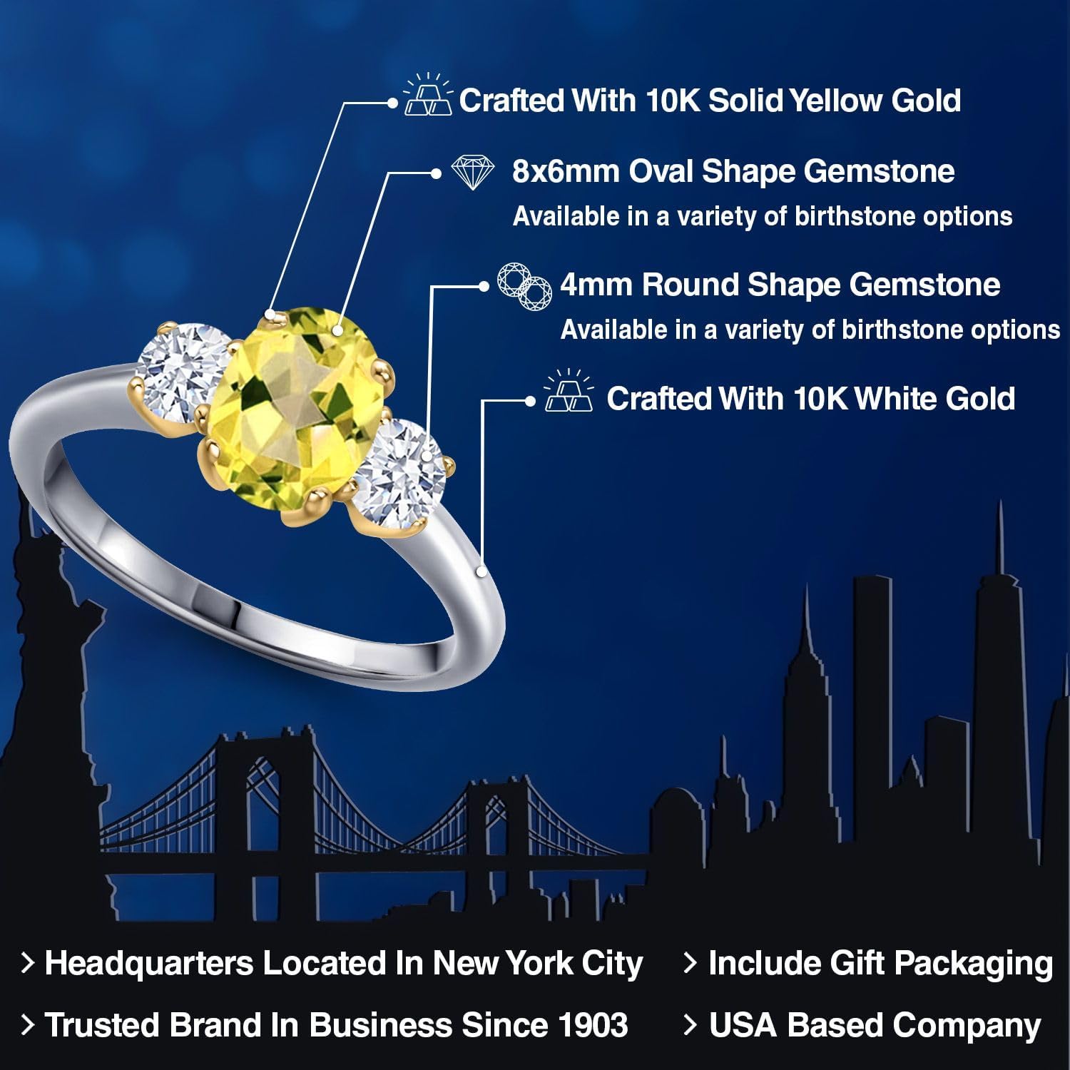 Gem Stone King 10K 2 Tone Gold Canary Mystic Topaz and White Zirconia Engagement Ring For Women | 2.06 Cttw | Oval 8X6MM | Gemstone November Birthstone - Image 2