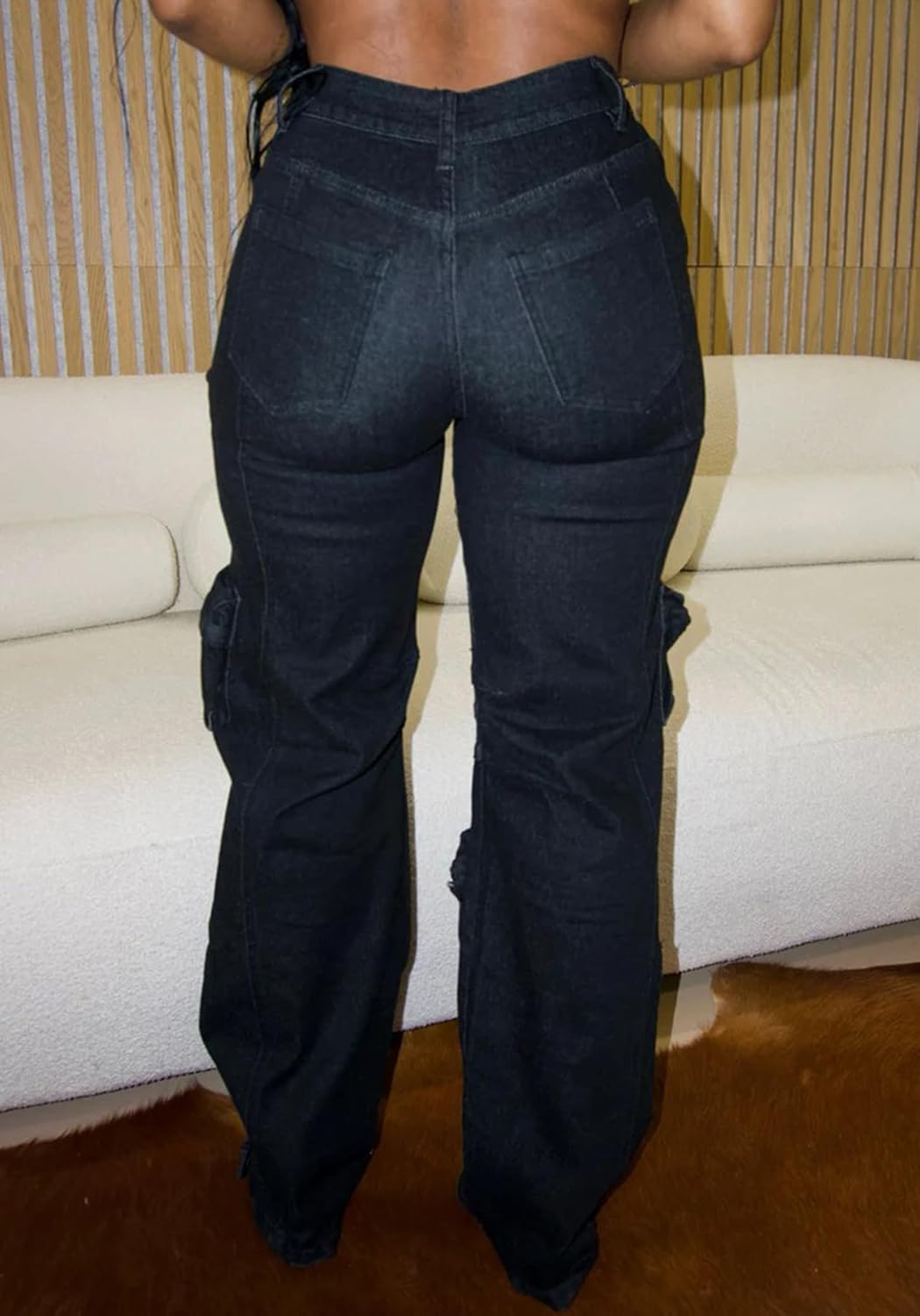 Vakkest Women's Rhinestone Cargo Jeans High Waisted Ripped Distressed Wide Leg Stretchy Denim Pants with Flap Pockets - Image 6