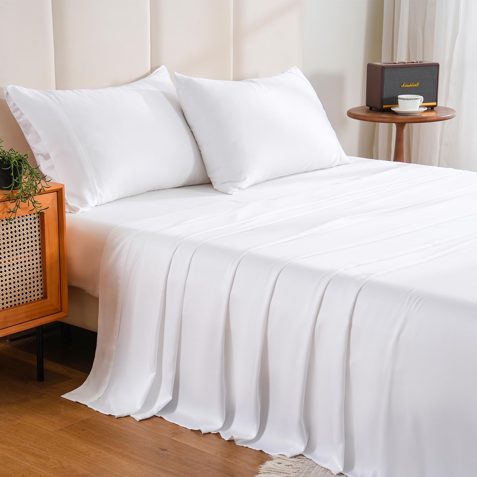 Bedlifes Queen Size Sheet Set Cooling Sheets Rayon Derived from Bamboo-400TC Breathable Luxury Bed Sheets,Sateen Silky Bedding Sheets-16 Deep Pocket Ultra Soft 4 Pieces(White,Queen)