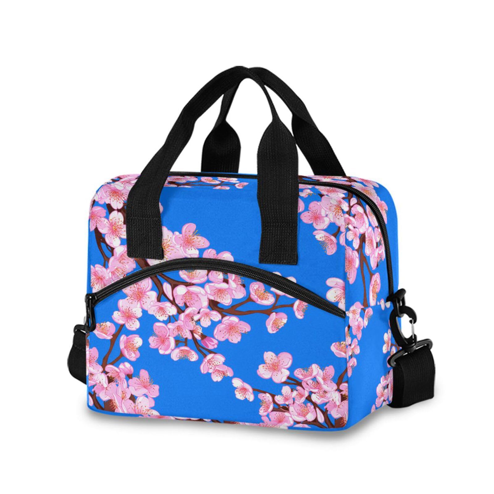 Sinestour Insulated Lunch Bag Reusable Cooler Cherry Blossom Blue Lunch Box Adjustable Shoulder Strap for Men Women Adults