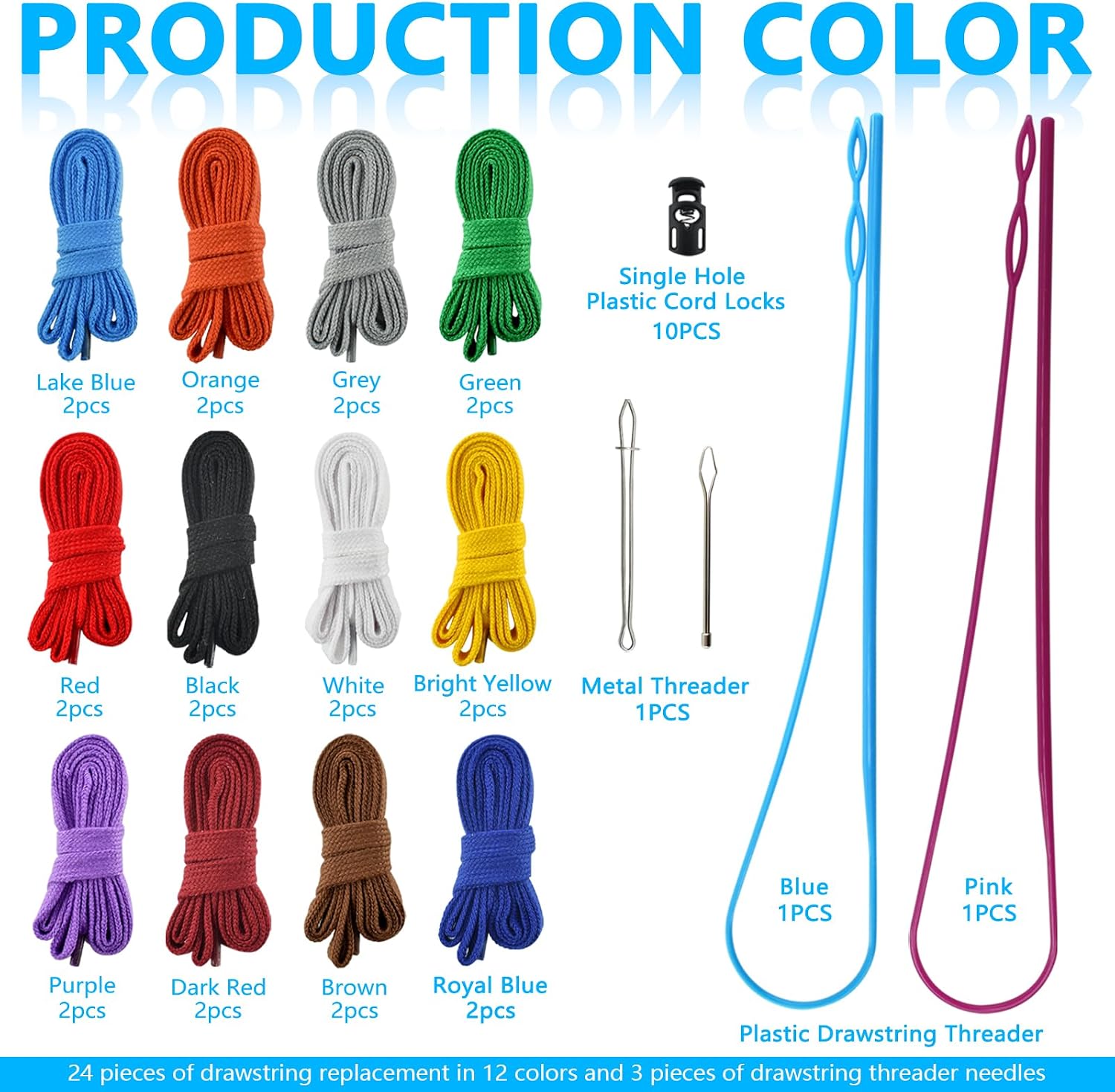 24Pcs Replacement Drawstring with Threaders for Sweatshirt Hoodie Strings Shorts Jackets Swim Trunks Shoe Laces, Oblate Coarse Knit 48” Long, 12 Colors