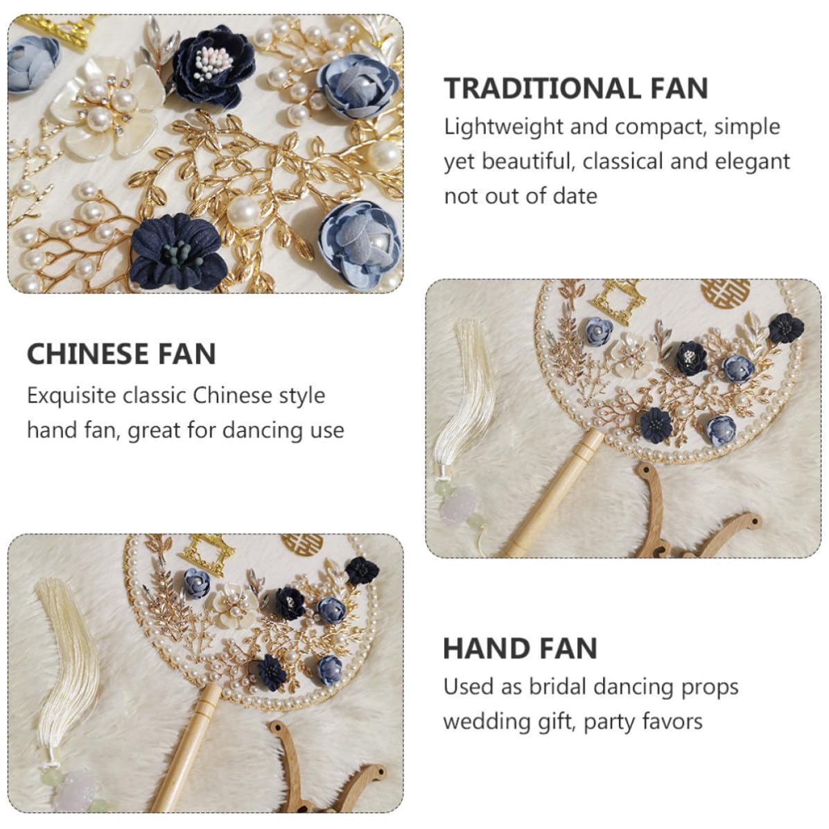 Healeved Runder Robust und Elegant Brautfächer im Klassischen Chinesischen Stil aus Leichtem Stoff Antiker Hochzeitshandfächer für Hochzeitsdekoration und Alltag