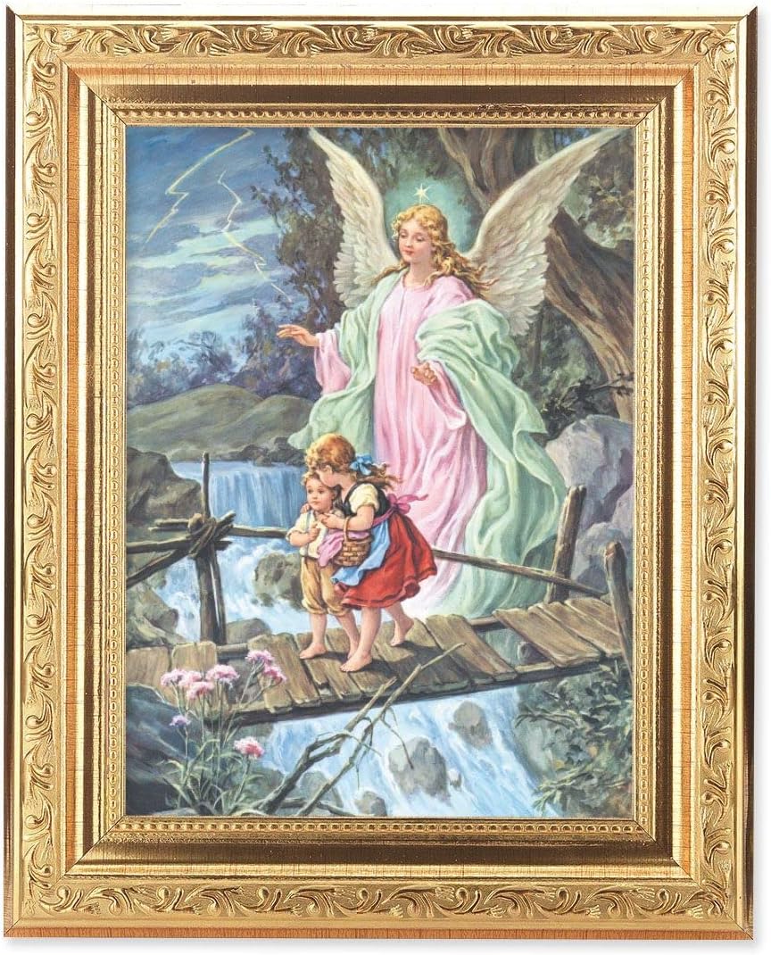 Guardian Angel with Children Picture, 8-1/4"x10-1/4 Gold-Leaf Finish Acanthus Leaf Detail Under Glass