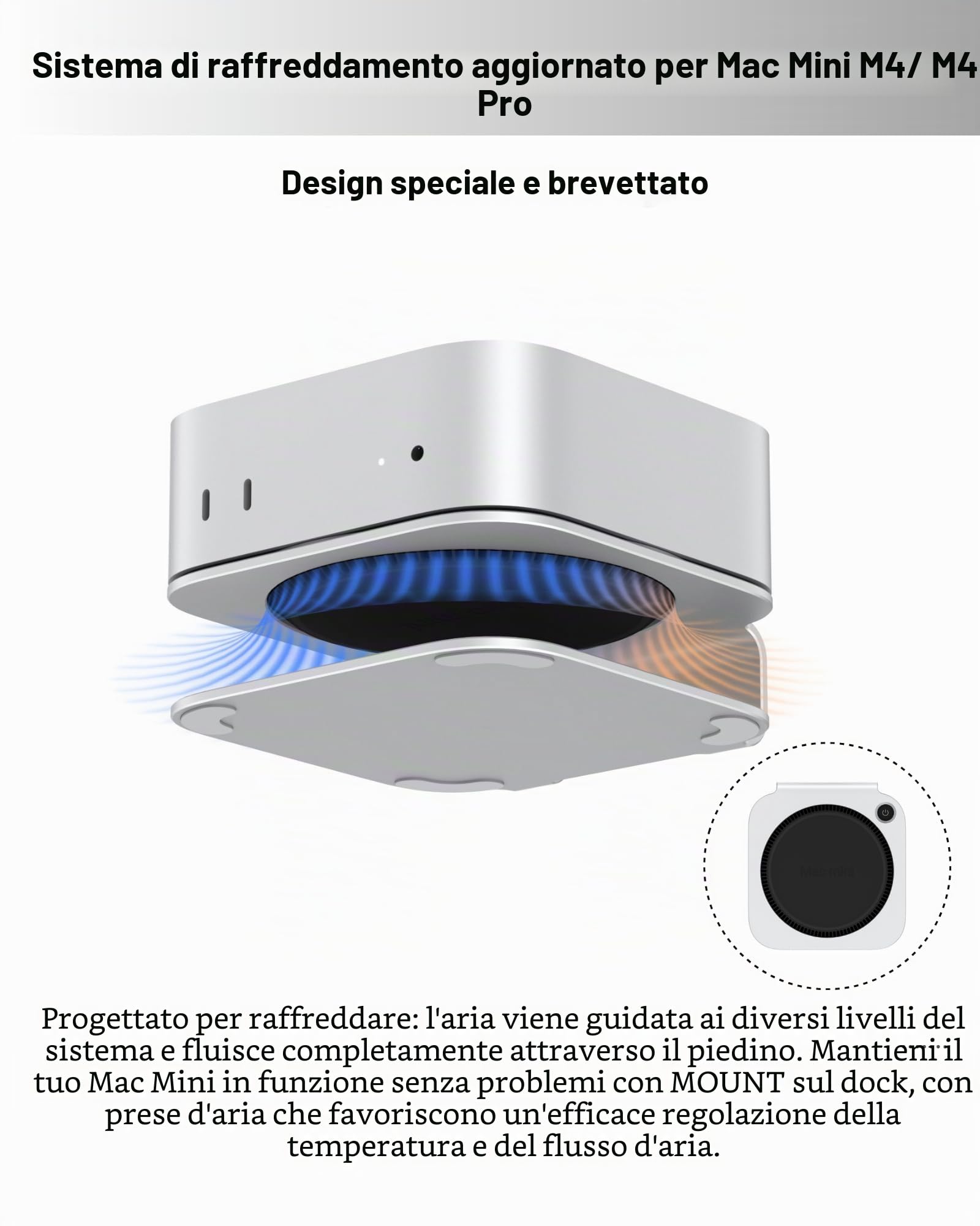 Supporto per Mac mini M4, supporto in alluminio per Mac mini M4 e M4 Pro 2024, freddo integrato, accesso al pulsante di accensione, antiscivolo │ Accessori