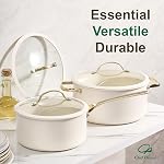 Chef Power Ceramic Cookware Sets, 15Pcs Pots and Pans Set Non Stick, Cookware Set with Stainless Steel Handle, Dishware & Oven Safe, Cream White and Light Gold Handle