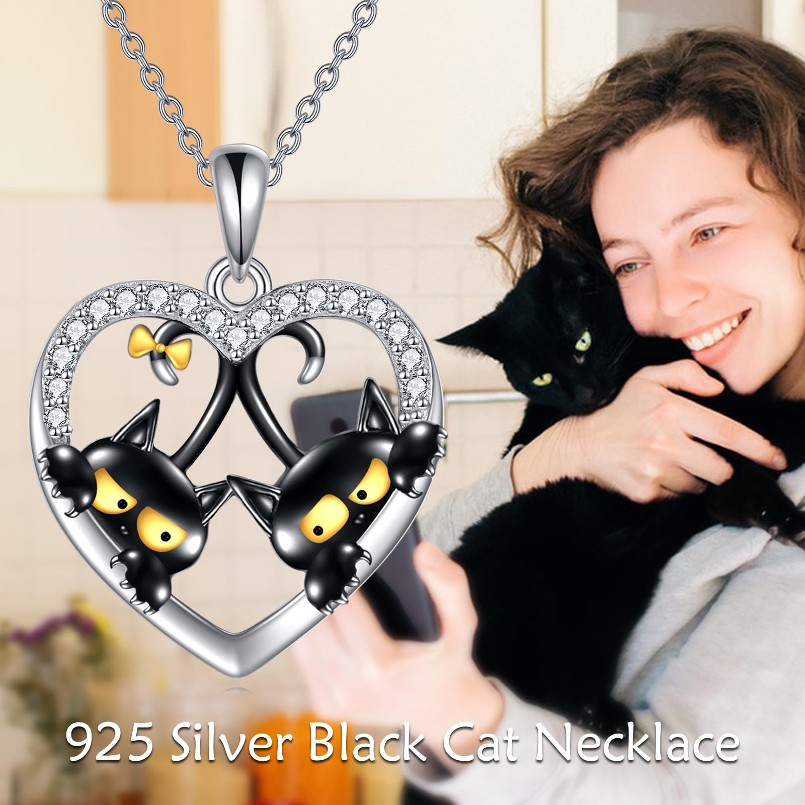 VONALA Schwarze Katze Form Halskette 925 Sterling Silber Katze Schmuck Anhänger Geschenk für Frauen