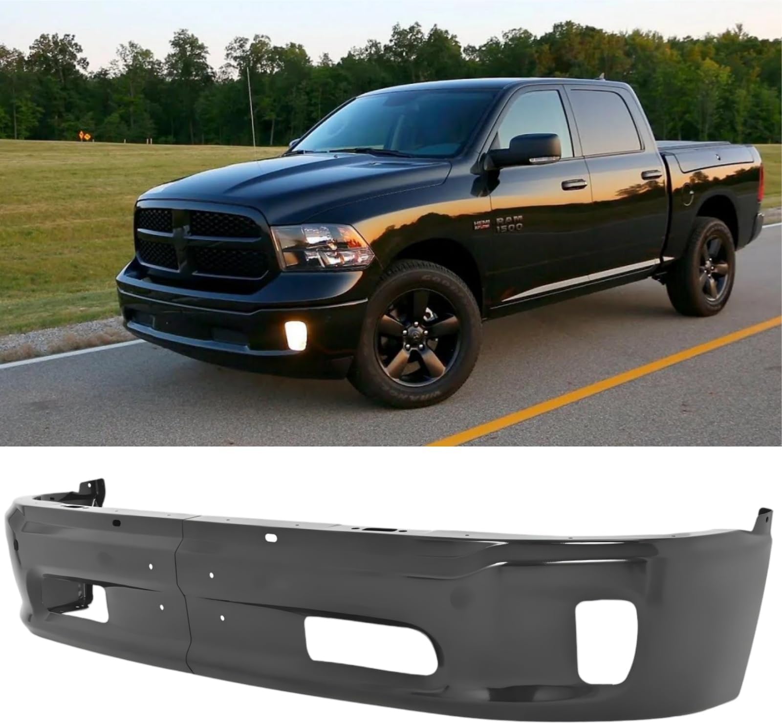 Front Bumper Compatible with 2013-2018 Dodge Ram 1500, Black Truck Automotive Steel Replacement Bumpers Face Bar, with Fog Light Holes, without Sensor Holes (Style H)