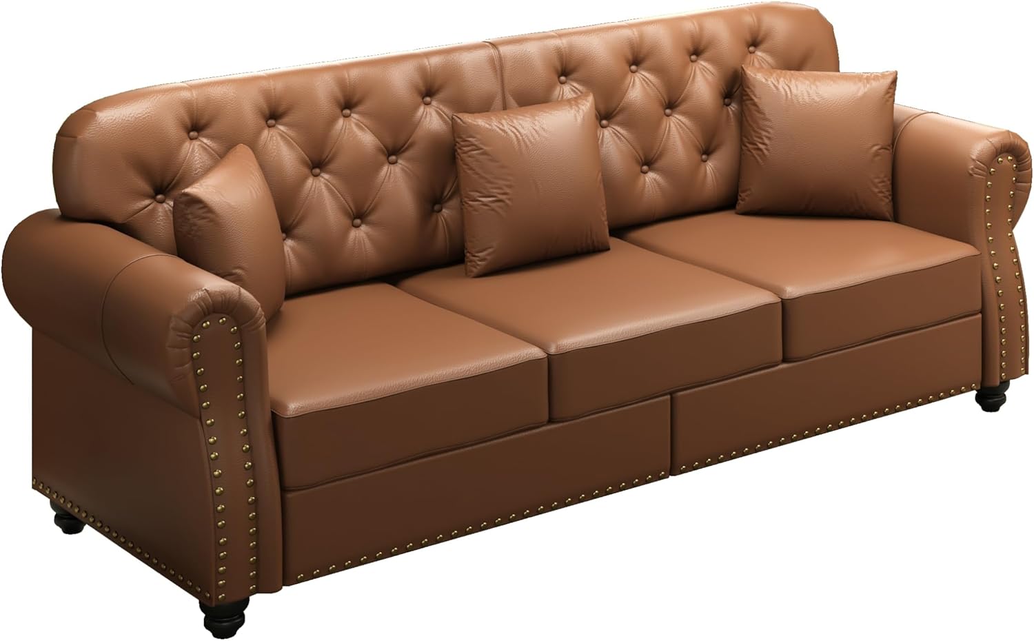 83" Upholstered Faux Leather 3 Seater Sofa with Nailhead Trim and Rolled Rivet Design Armrests,Mid-Century Modern Chesterfield Sofa with Button Tufted,Includes 3 Pillows | Upholstered, Sofa Couch