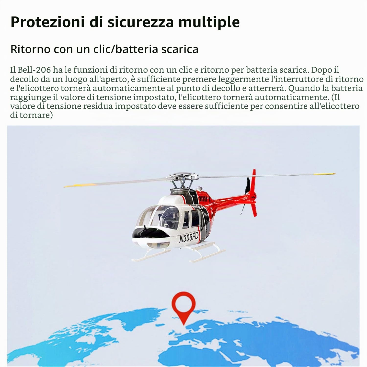 2,4 GHz RC Scale FlyWing Bell 206 Elicottero con rotore a 4 pale, aereo telecomandato, GPS, motore brushless, batteria, RTF (Pronto al volo), drone intelligente come regalo