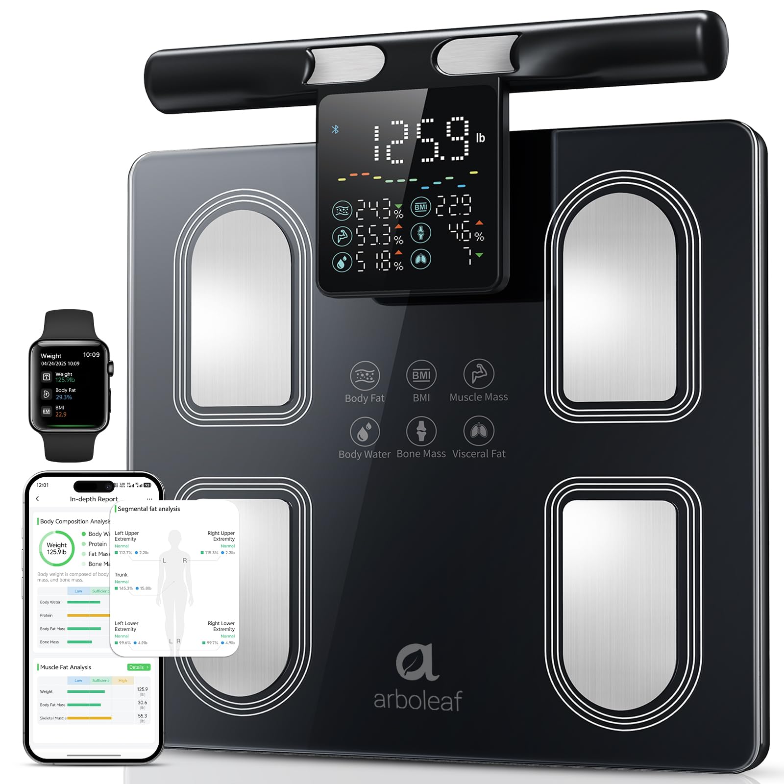 arboleaf Bilancia Impedenziometrica con 8 Elettrodi con Maniglia con Display Integrato, Bilancia Intelligente con Analisi Corporea con Bluetooth y APP, 50 Metriche, Capacità 180 kg