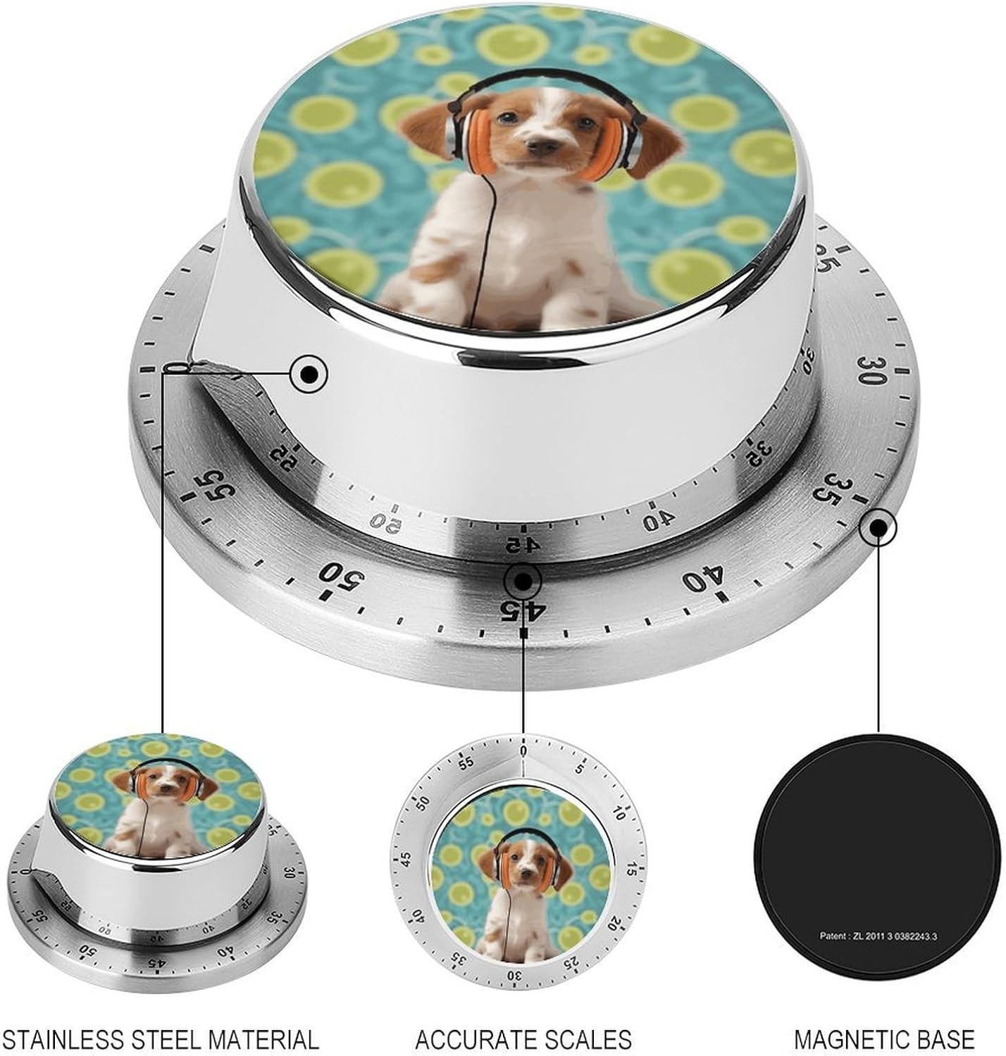 Puppy with Headphones Stainless Steel Timer, Kitchen Timer with Magnetic Base, Countdown Timers for Gym, Office, Cooking, Baking, Jogging
