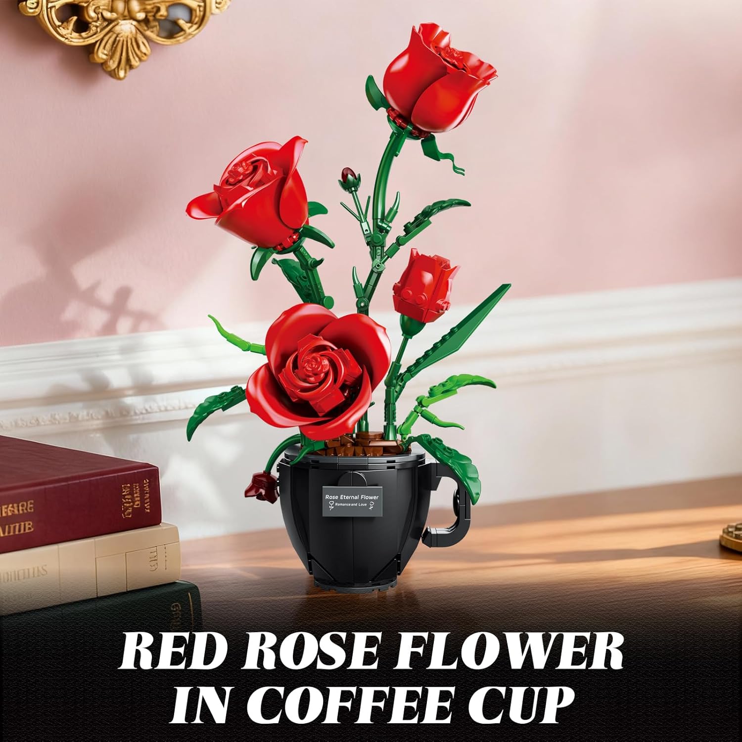 Red Roses Flowers Building Block Set with Coffee Cup Vase for Adults, Compatible with Lego Flower, 450PCS Rose Botanical Collection Kit for Valentine's Day, Home Decor Gift for Girlfriend/Wife/Mom
