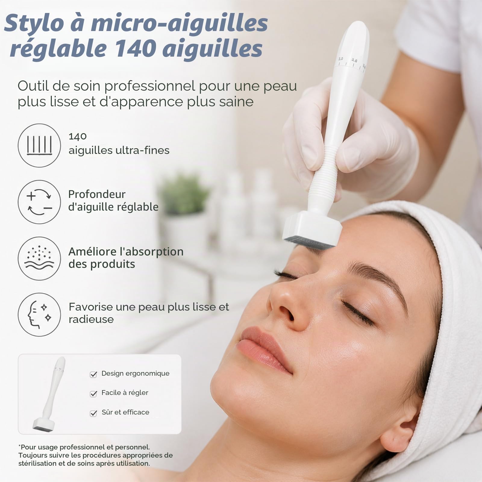 Tampon Microneedling, Stylo Réglable avec 140 Aiguilles en Titane pour la Stimulation et l’Amélioration de la Peau,Pour Cheveux, Barbe, Réduction des Rides et Cicatrices, Portable