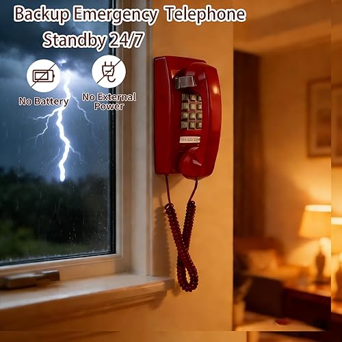 Miniatura 7 de Teléfono de pared rojo, teléfonos de pared retro para línea fija (tono de llamada mecánico activado o desactivado), teléfono de pared vintage