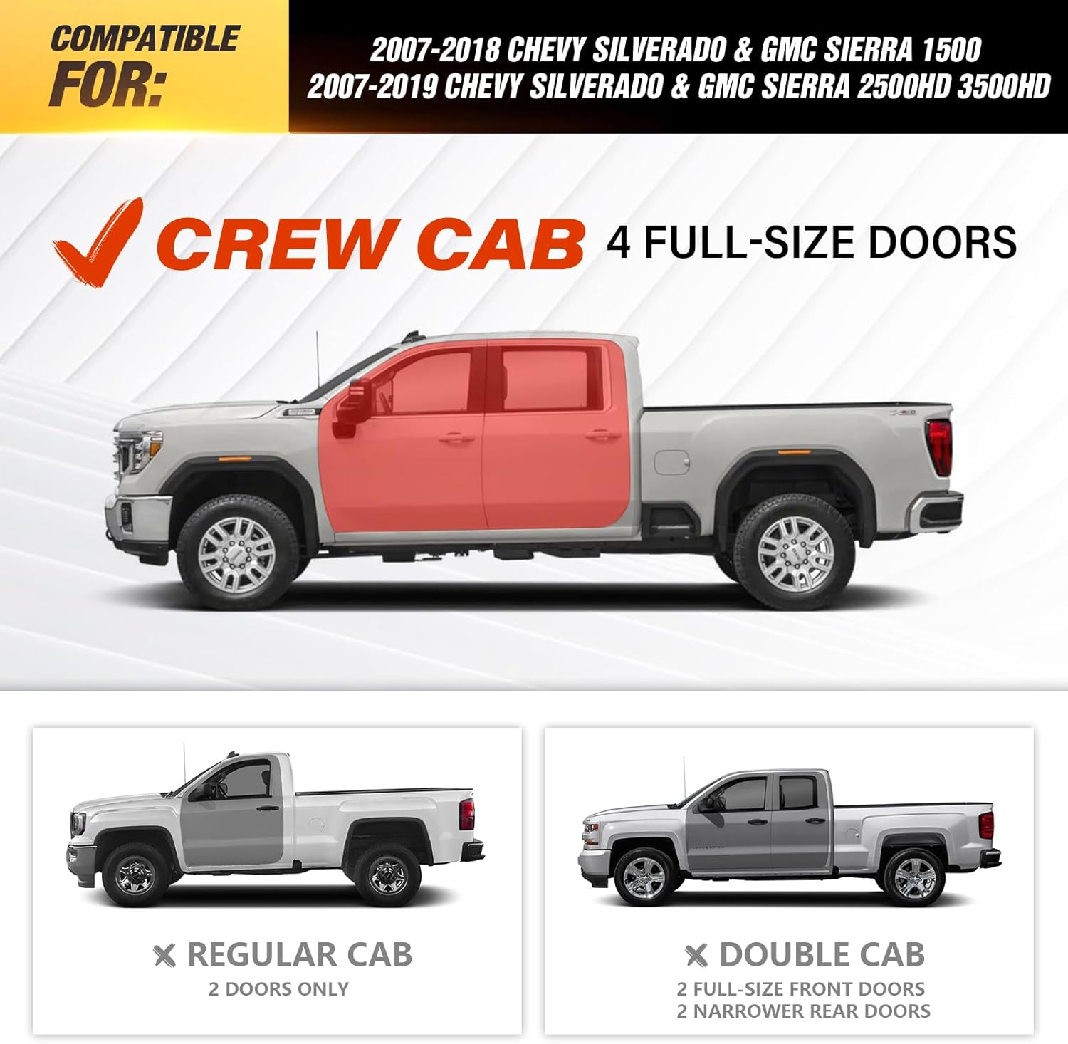 Three Raised Steps Crew Cab Running Boards Compatible for 2007-2018 Chevy Silverado & GMC Sierra 1500, 2007-2019 Chevrolet Silverado & GMC Sierra 2500 HD 3500 HD CrewCab Side Steps Nerf Bar