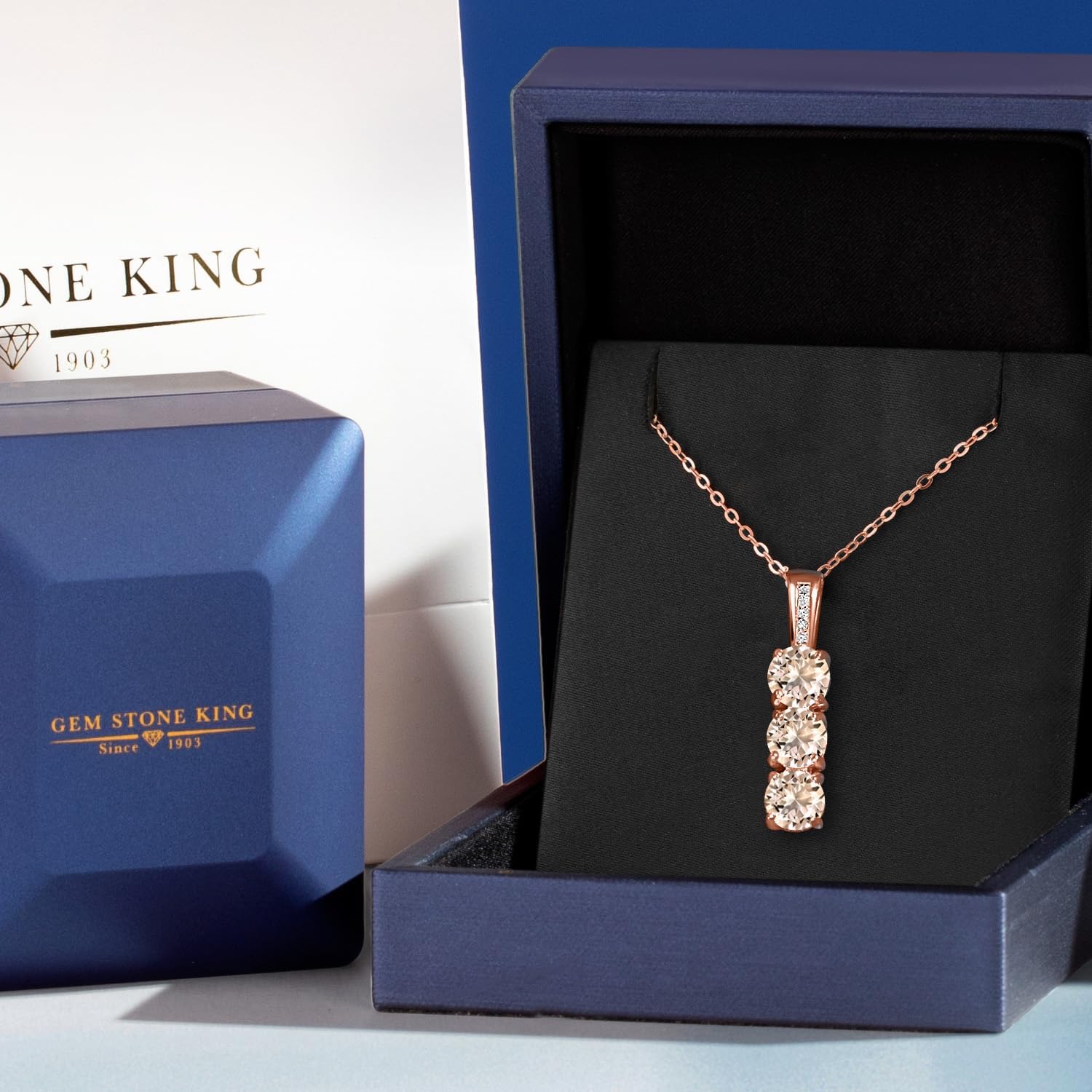 Gem Stone King Diamond and 3 Gemstone Birthstone Pendant Necklaces For Women | 18K Rose Gold Plated Silver | Three Stone Pendant Necklace | Round 5MM | With 18 Inch Silver Chain