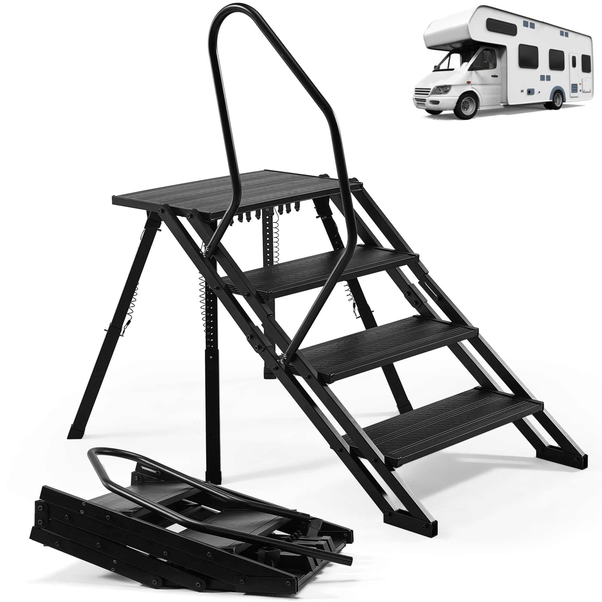 RV Steps with Handrail, Adjustable Height Aluminum Folding 4 Step Stair with Non-Slip Surface for 5th Wheel RV, Travel Trailer, Camper and Porch, Hot Tubs, and Mobile Home Outdoor RV Step Ladder
