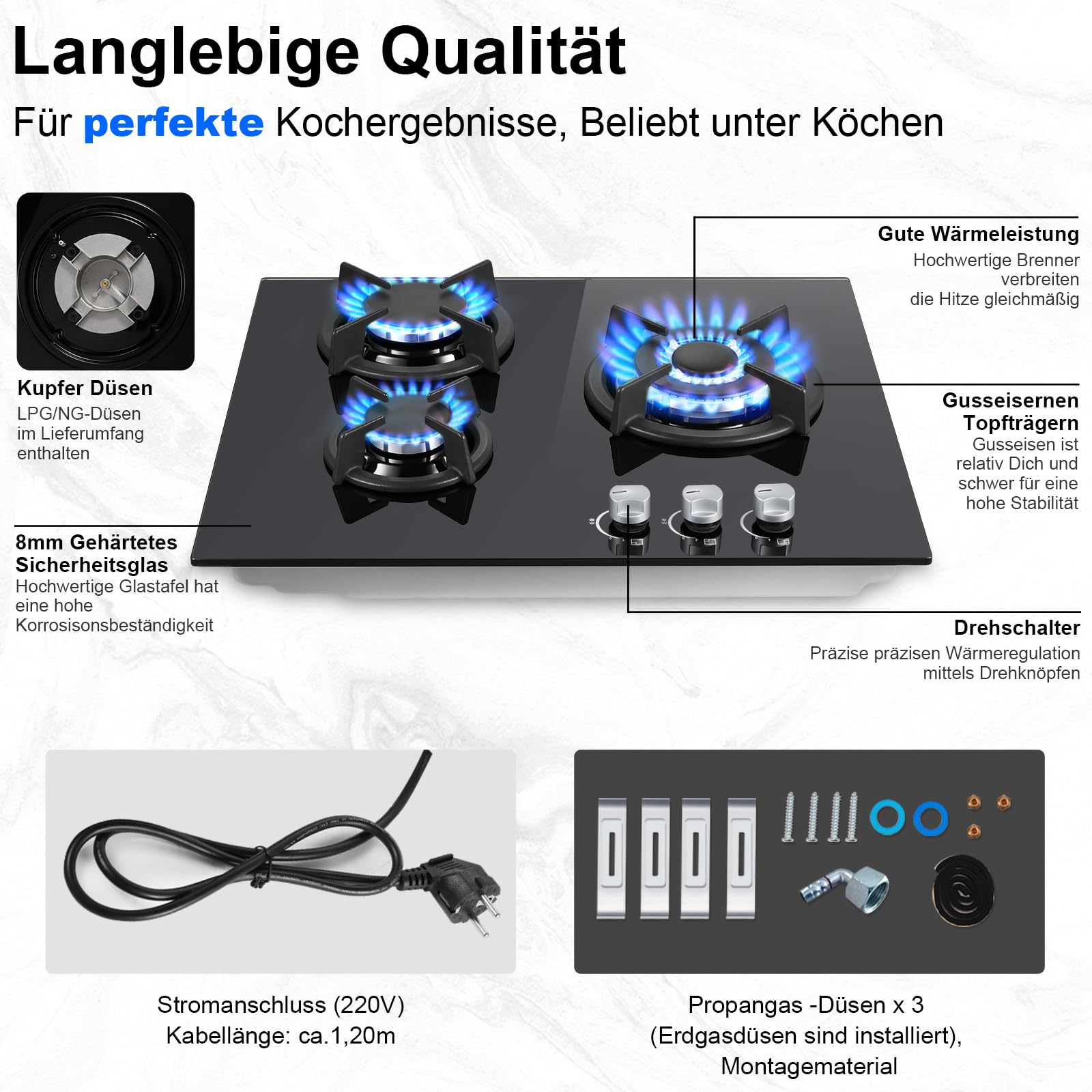 SNDOAS Piano Cottura Gas, Piano Cottura 3 Fuochi Gas Vetro con Protezione Automatica Della Fiamma, Gas Naturale e Gas Propano, Incorporato, Nero, 6180 W, 220-240 V