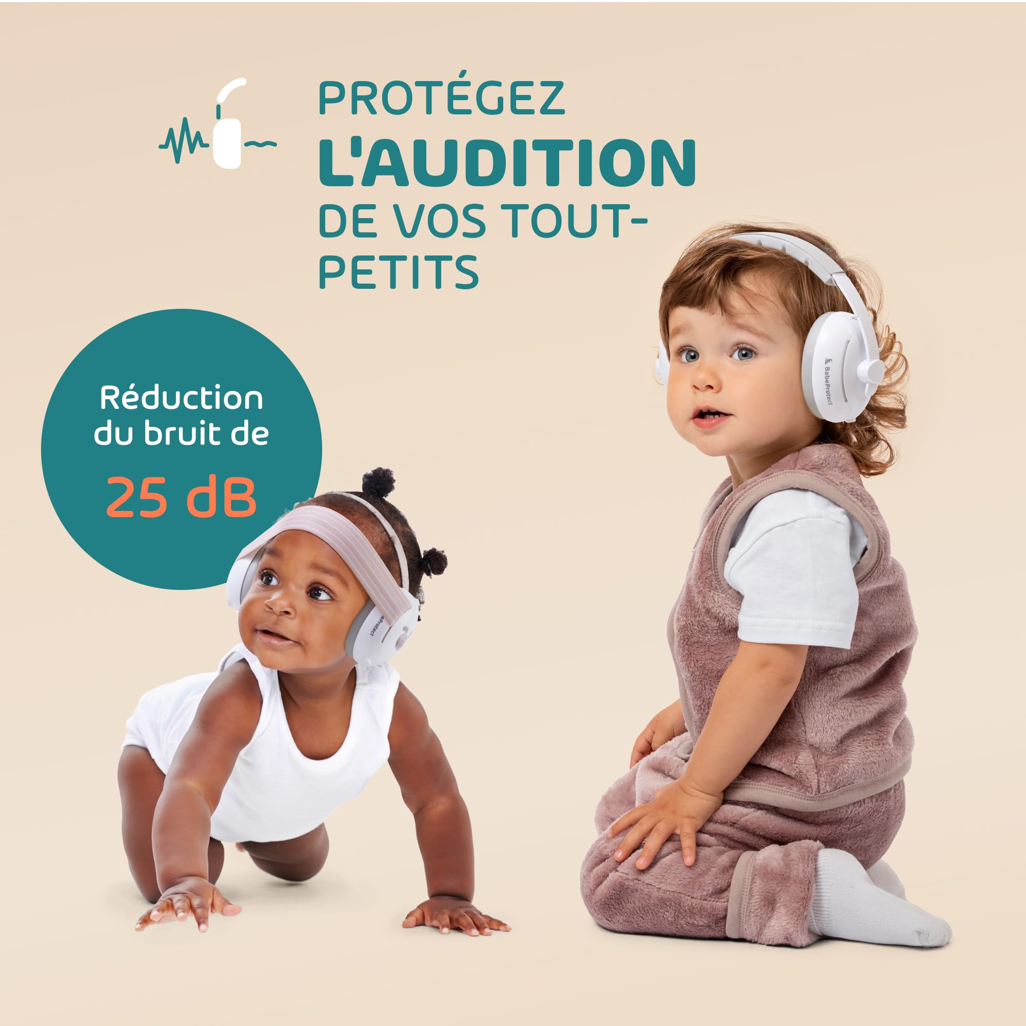 Babeprotect - Casque Anti Bruit Bébé Beige 2 en 1 - Protection Auditive Certifiée CE 25 dB - Réglable et Confortable - Sommeil Amélioré - Idéal Avion, Fêtes, Déplacements - 0 à 48 Mois -