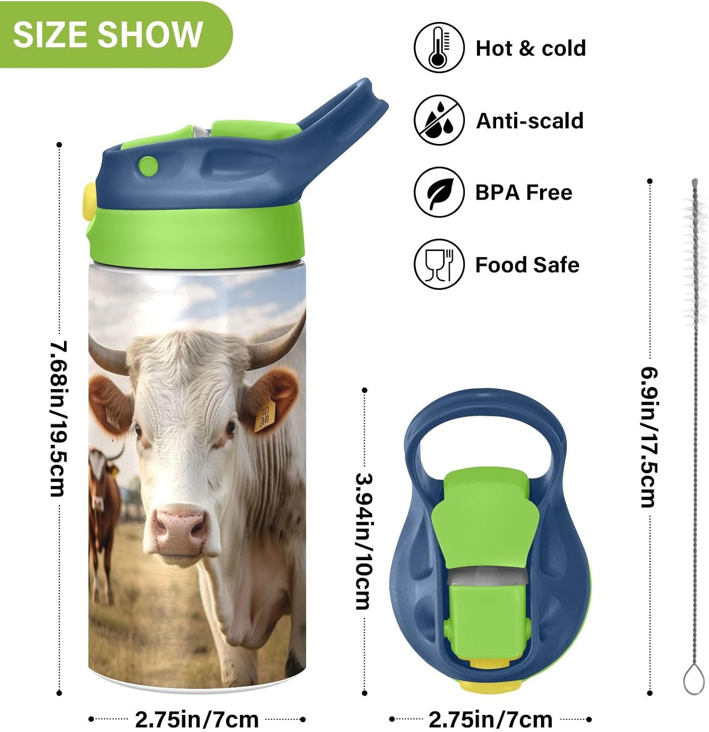 Farm Cow Pattern Kids Water Bottle, Insulated Stainless Steel Water Bottles with Straw Lid, 12 oz BPA-Free Leakproof Duck Mouth Tumbler for Boys Girls - Image 3