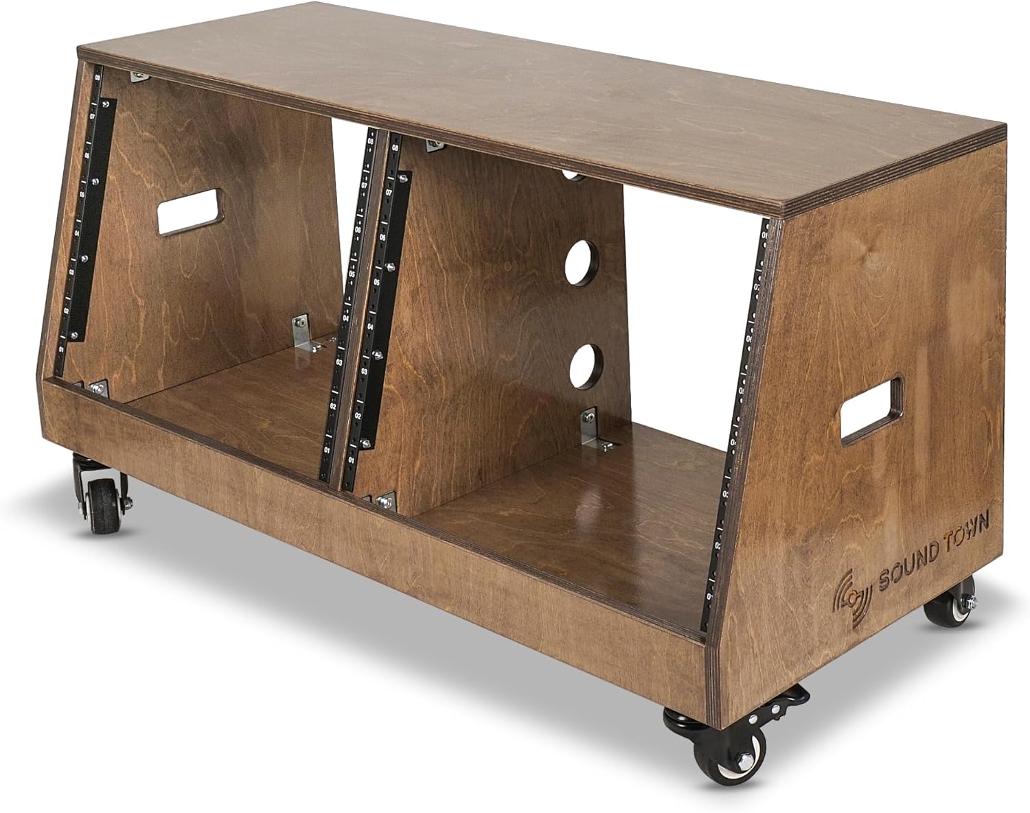Sound Town DIY 2 x 8U Slanted Studio Rack with Solid Baltic Birch Plywood, Casters, Weathered Brown for Recording Room, Home Studio (SDRK-D8TB)