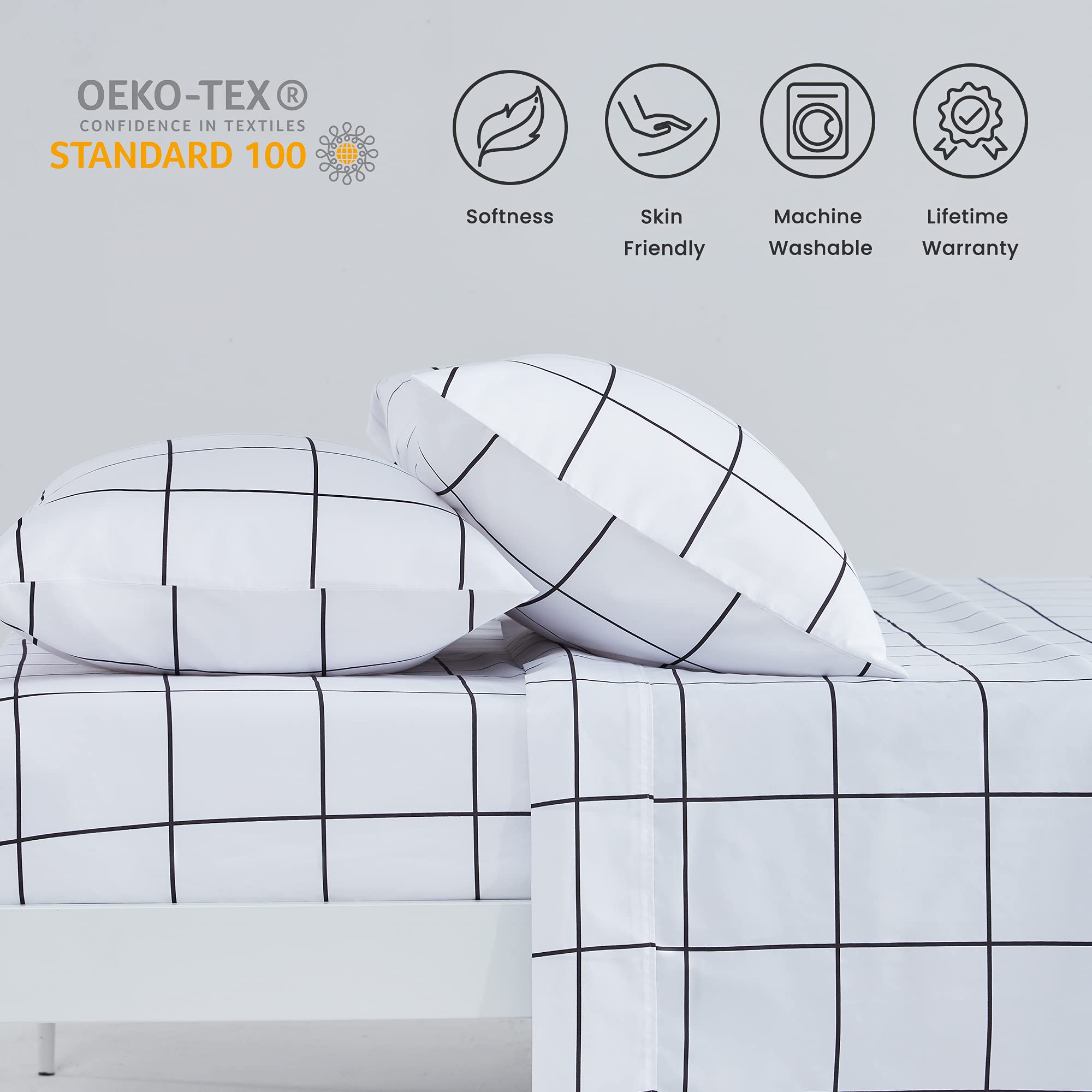 SLEEP ZONE Printed Plaid Full Size Sheet Set 4 Piece - Double Brushed Microfiber Super Soft Breathable Bedding Sheets with 16 inch Deep Pocket (Black Grid Printed on White)