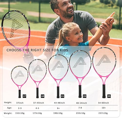 Miniatura 5 de Raqueta de tenis para niños y niñas de 2 a 12 años, raqueta de tenis juvenil multicolor y estilo para principiantes, incluye bolsa de nailon 420D