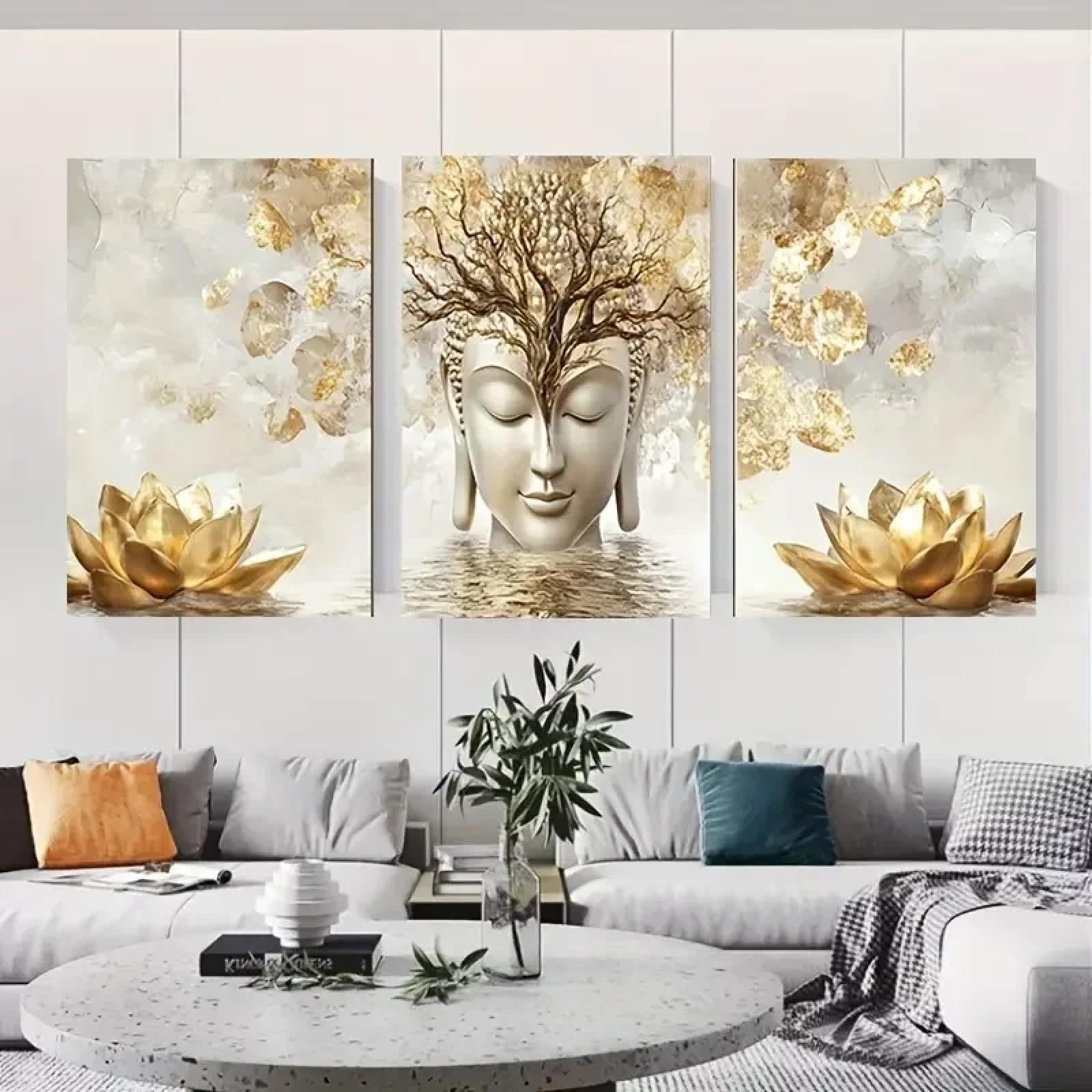 Juego de 3 piezas de arte de pared: impresiones en lienzo de Buda moderno y flor de loto para una decoración serena de la sala de estar, impresión artística en lienzo de 40 x 50 cm x 3 sin marco