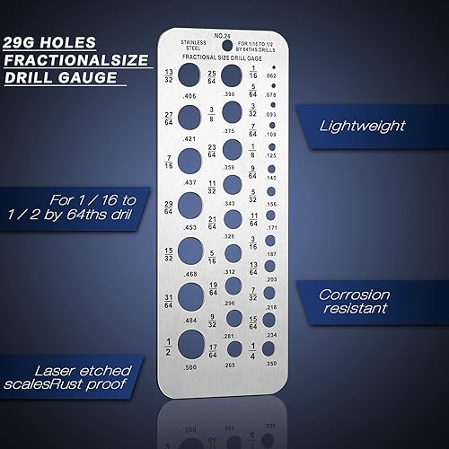 Miniatura 3 de 2 unidades de calibre de 24 brocas fraccionarias  Medidor de taladro de acero inoxidable con 29 agujeros para brocas de 116 a 12 pulgadas (plateado)