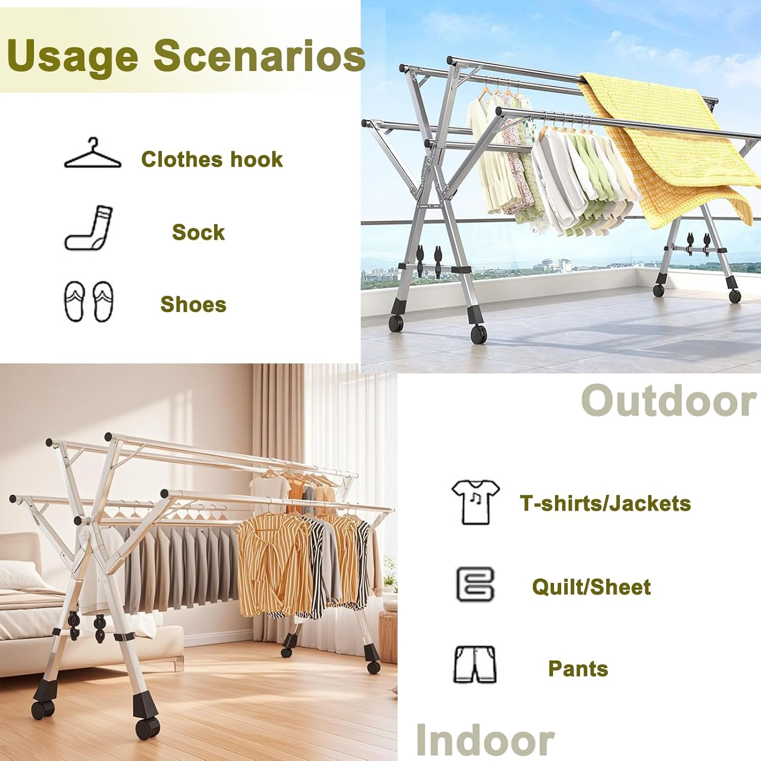 5 Rods Clothes Drying Rack, Folding Drying Rack Clothing, Adjustable Portable Clothesline with Wheels for Indoor Outdoor Use