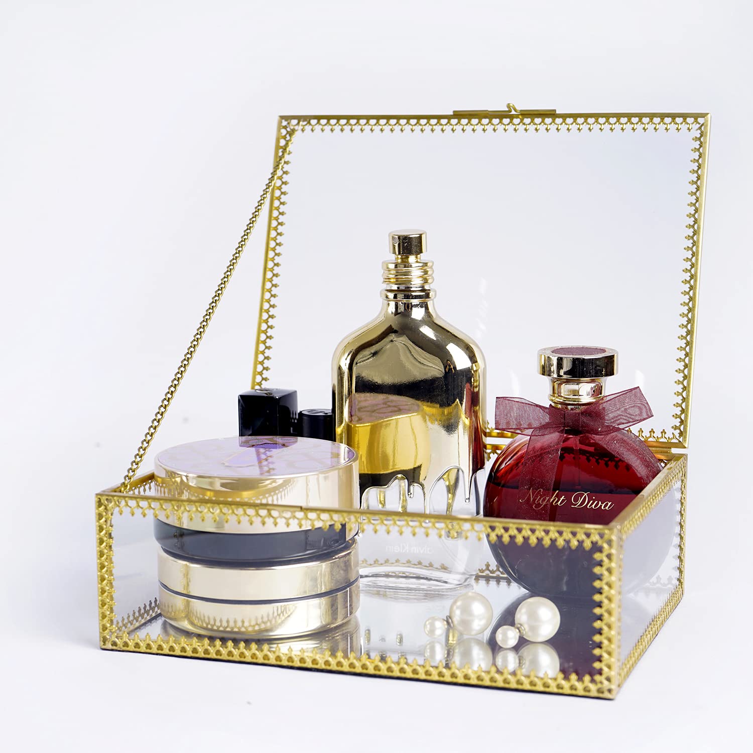 Daisylily Glass Jewelry Box, Lidded Vintage Lace Brass Edge Clear Decorative Boxes Mirror Case Home Decor Display Gold 7x5x2 Inch