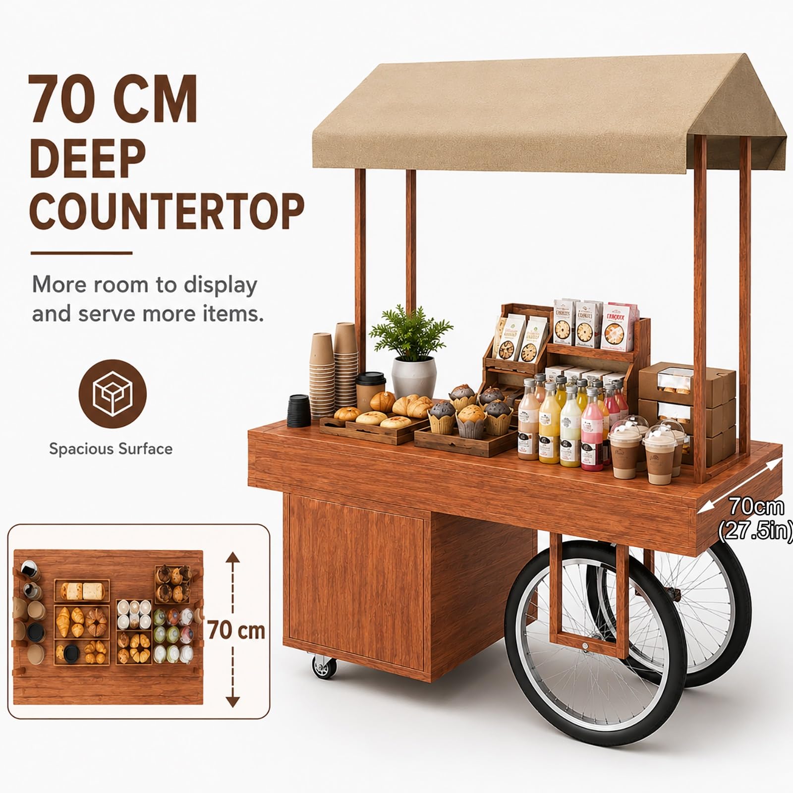 Puesto Ambulante con Toldo, Carrito de Venta con Ruedas y Compartimento, Stand Expositor para Exterior con Ruedas Blocables