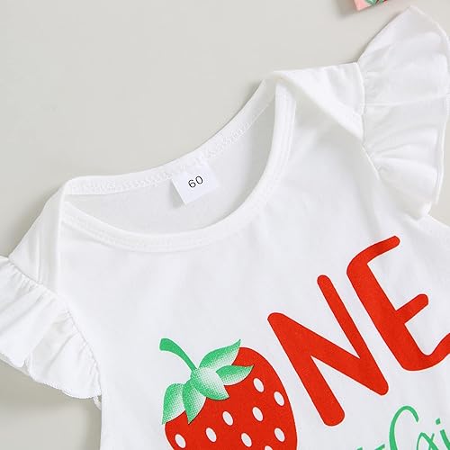 Miniatura 4 de Ropa de verano para bebé recién nacida, manga de mosca, con letras de fresa, mameluco con parte inferior acampanada, pantalones con diadema, traje