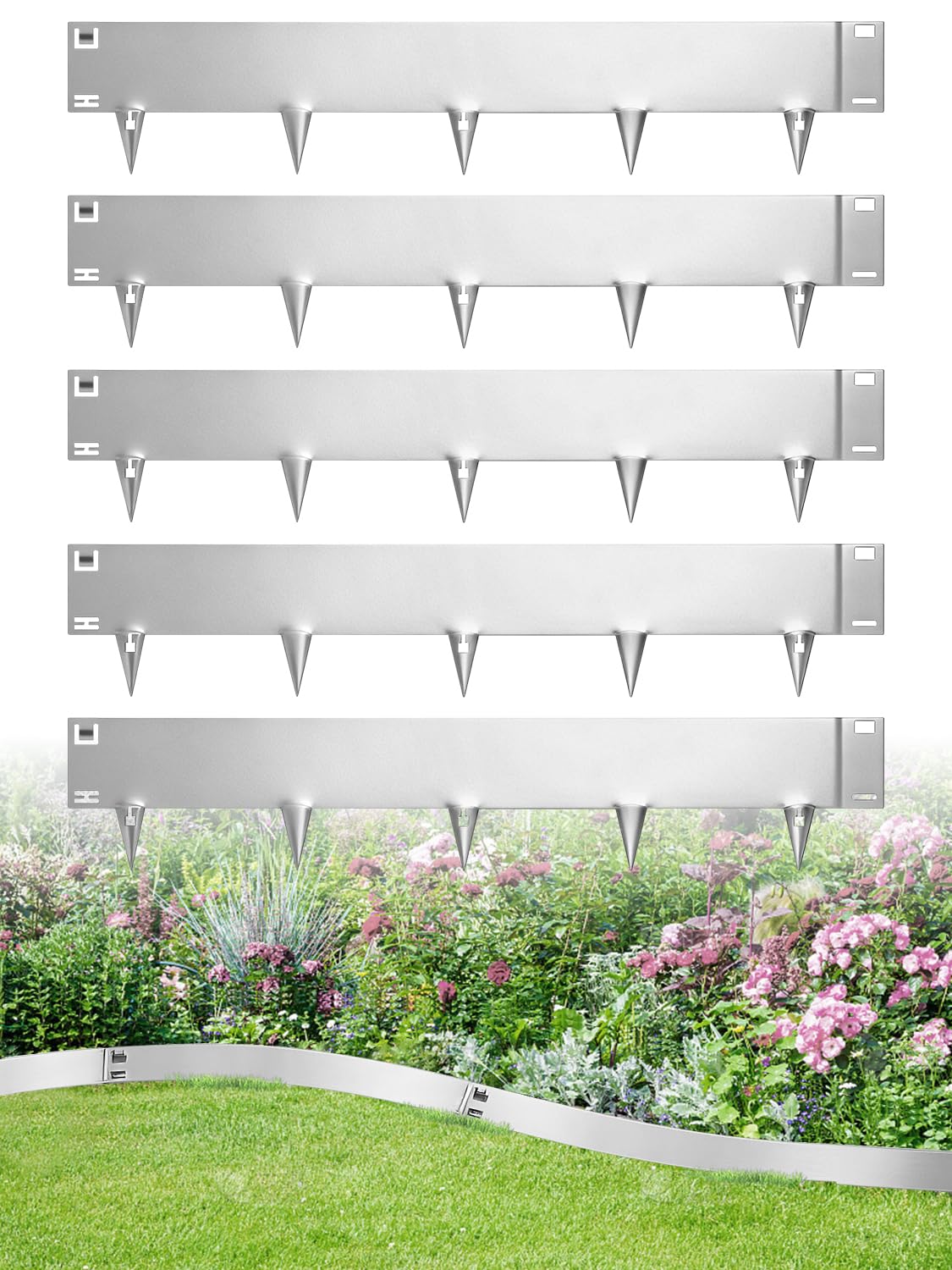 5 Pack Lawn Edging Border,5.37M Length Total,20cm Height,15cm Face Height Flexible Garden Borders Edging,Galvanized Steel Garden Border Edgings for Flower Beds Lawns Pavemen,Silver — image 1