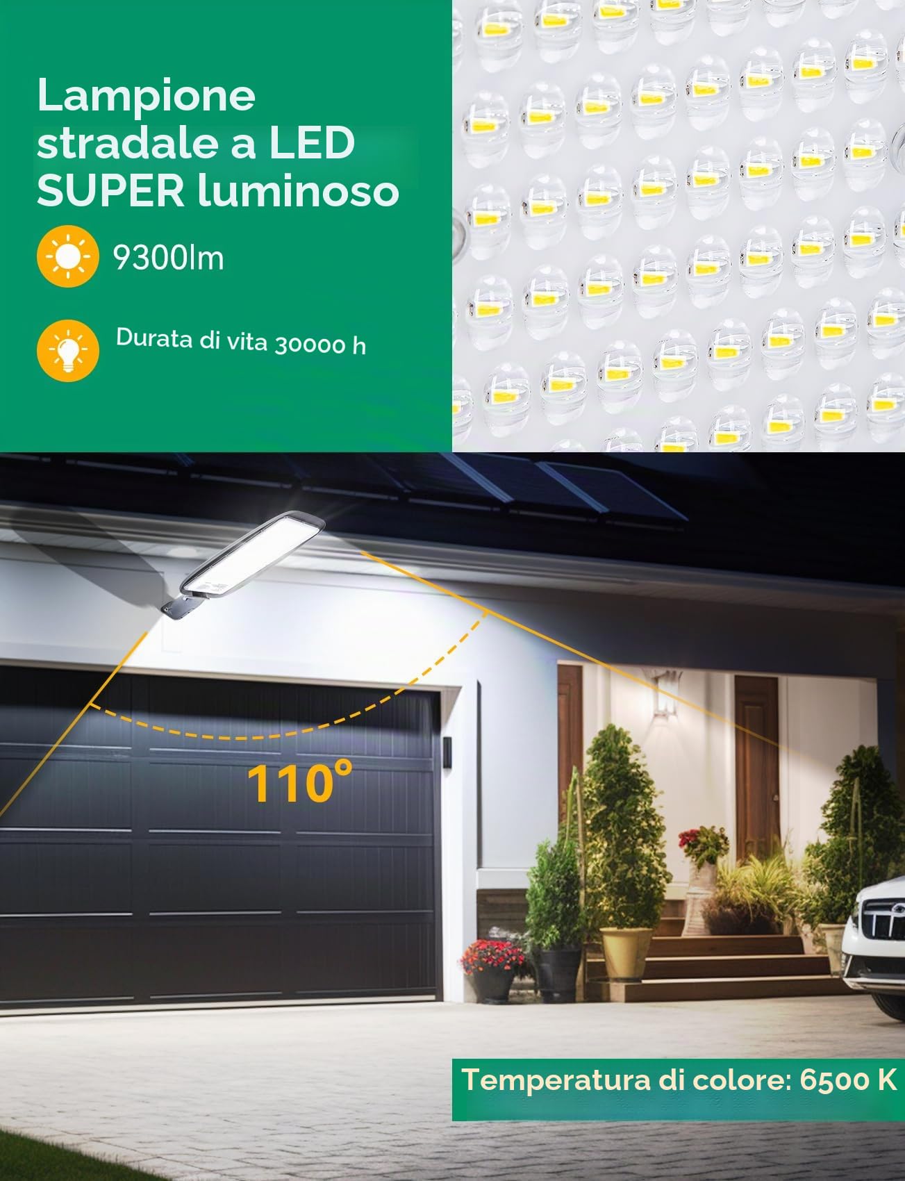 Aigostar Lampione LED 100W, 9300LM Luce Stradale 6500K IP65 Impermeabile IK08 Per Parcheggio, Strada, Scuola, Campo Da Basket, Cortile, Piazza(Senza staffa)