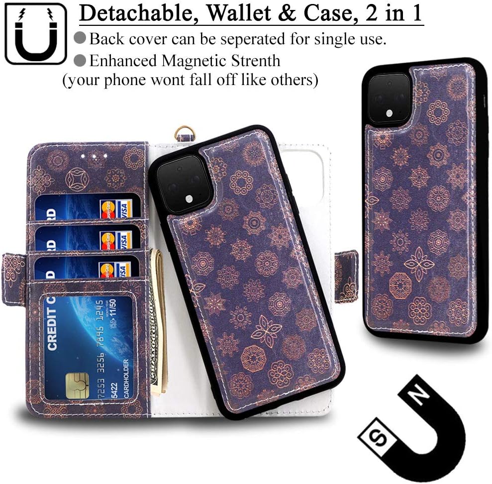 Mefon Google Pixel 4 Case Wallet Leather Detachable, Wireless Charging Compatible, with Tempered Glass and Wrist Strap, Luxury Magnetic Detachable Flip Folio Phone Cases for Pixel 4 (Mandala 1)
