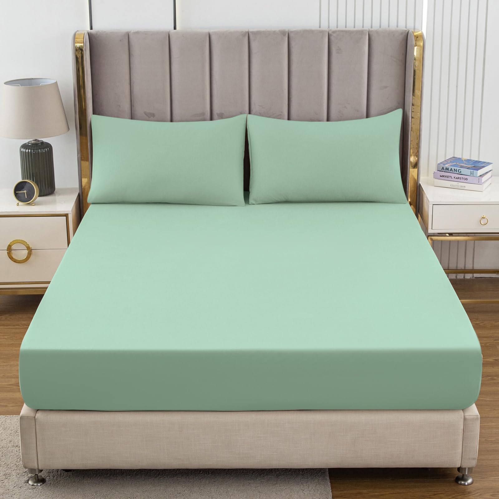 Soifox Super King Fitted Sheet Duck Egg - Bed Sheets with Extra Deep Pocket 16 inch (40 cm), Soft Microfiber Bottom Sheet for Superking Bed, 180x200cm โ image 1