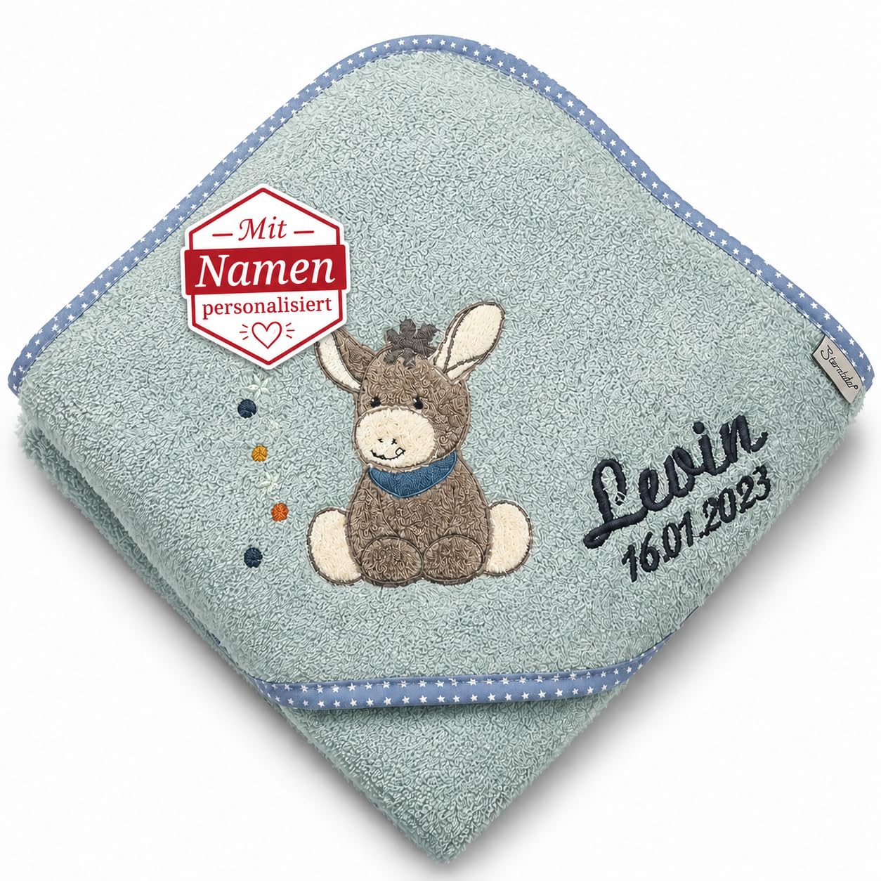 Sterntaler Badetuch 100x100 cm aus 100% Baumwolle personalisiert mit Namen/inklusive Bestickung (Emmi sitzend)