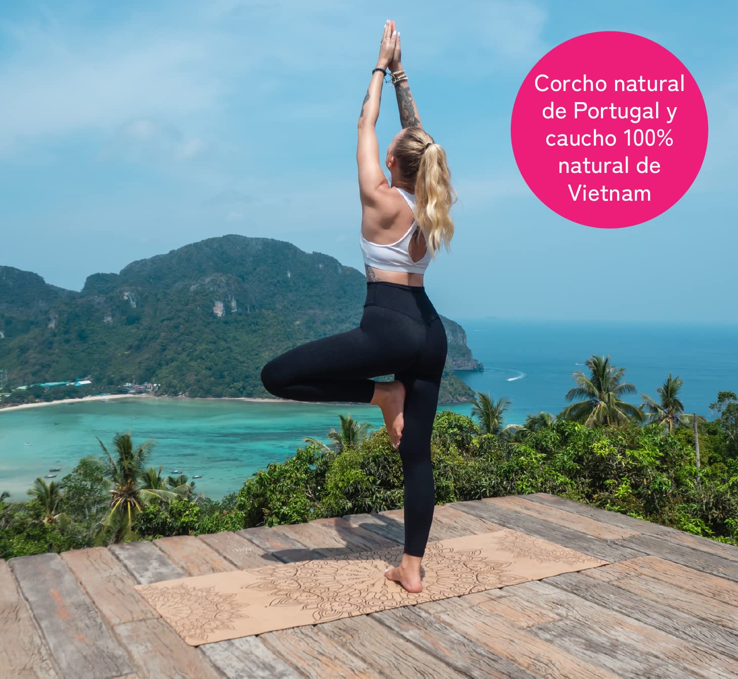 Esterilla de yoga premium de corcho antideslizante: de caucho natural antideslizante y corcho, natural y sostenible, extra ancha y extra gruesa (183 x 66 x 0,4 cm), correa de transporte